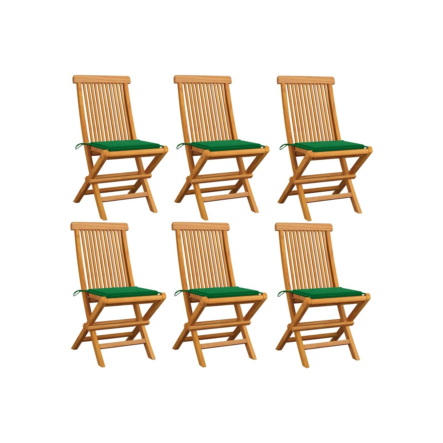 Chaises pliantes avec coussins verts, 6 pièces, en teck massif