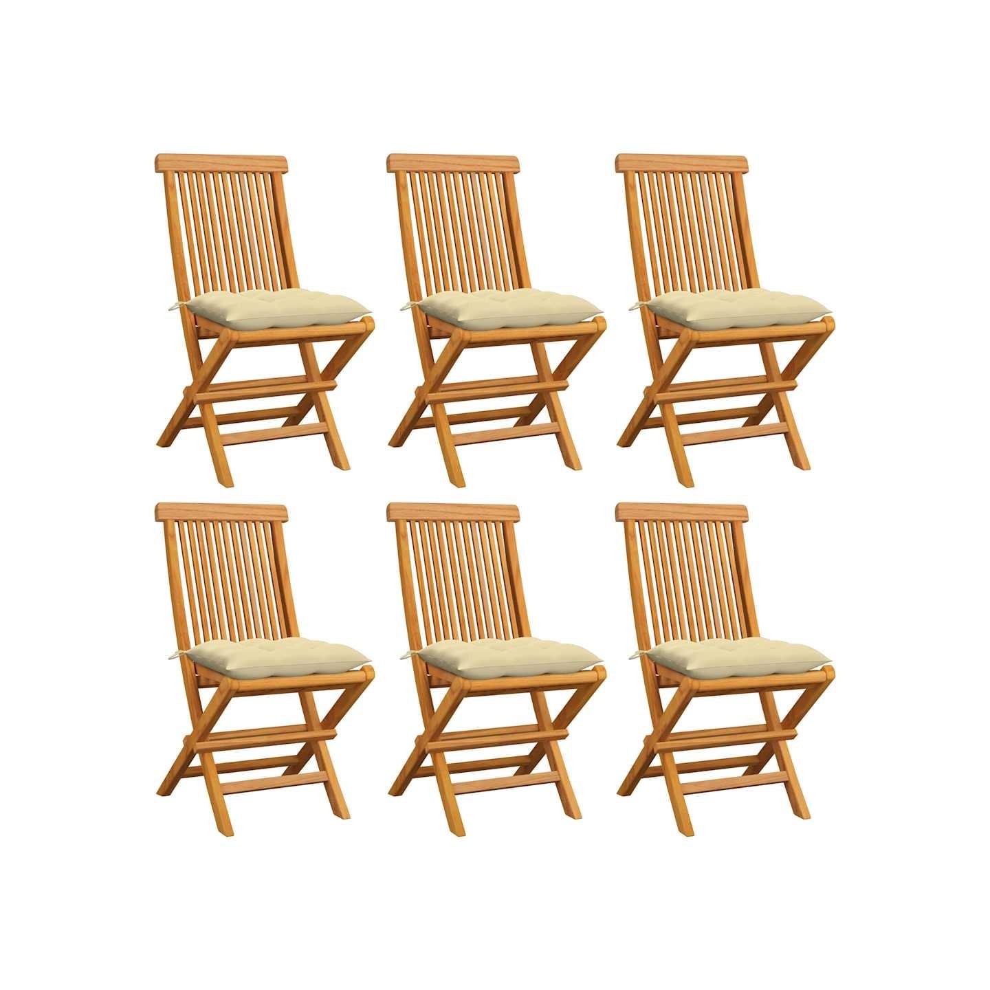 Chaises pliantes avec coussins blanc crème, 6 pièces, en teck massif