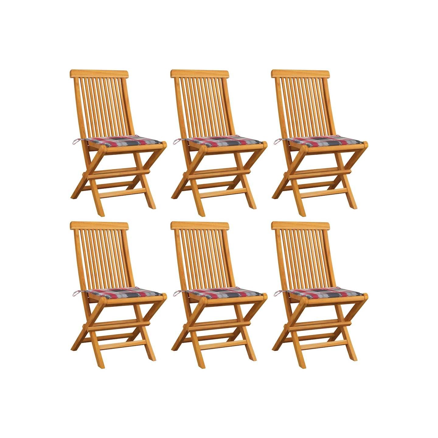Chaises pliantes avec coussins à carreaux rouges 6 pcs