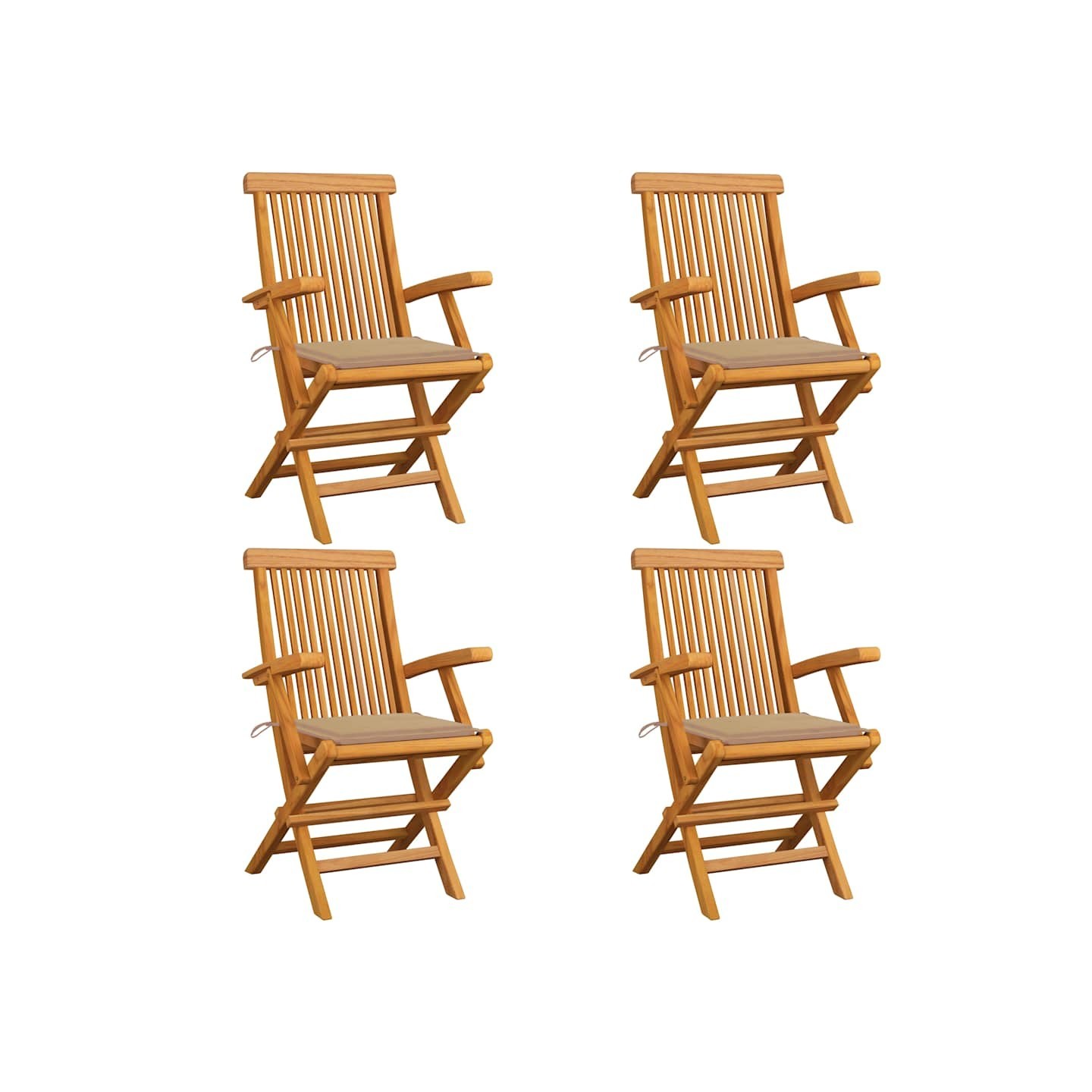Chaises pliantes avec coussins beiges, 4 pièces, en teck massif