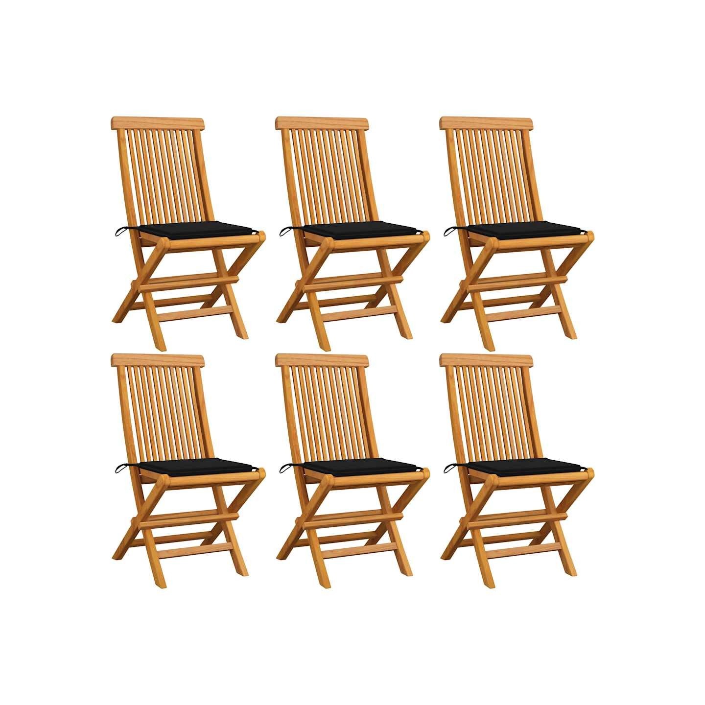 Chaises pliantes avec coussins noirs, 6 pièces, en teck massif