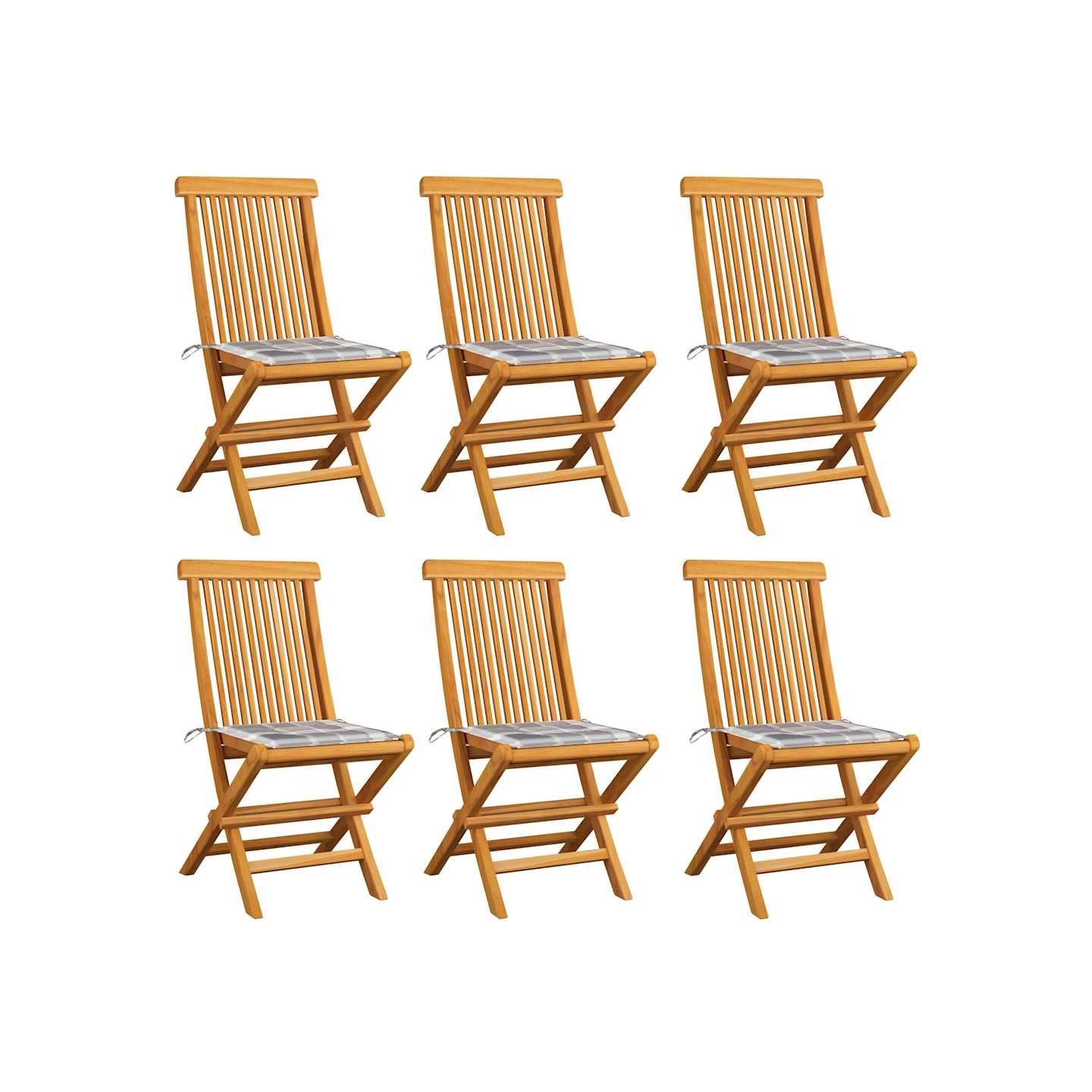 Chaises pliantes, coussins à carreaux gris, 6 pièces, bois de teck massif