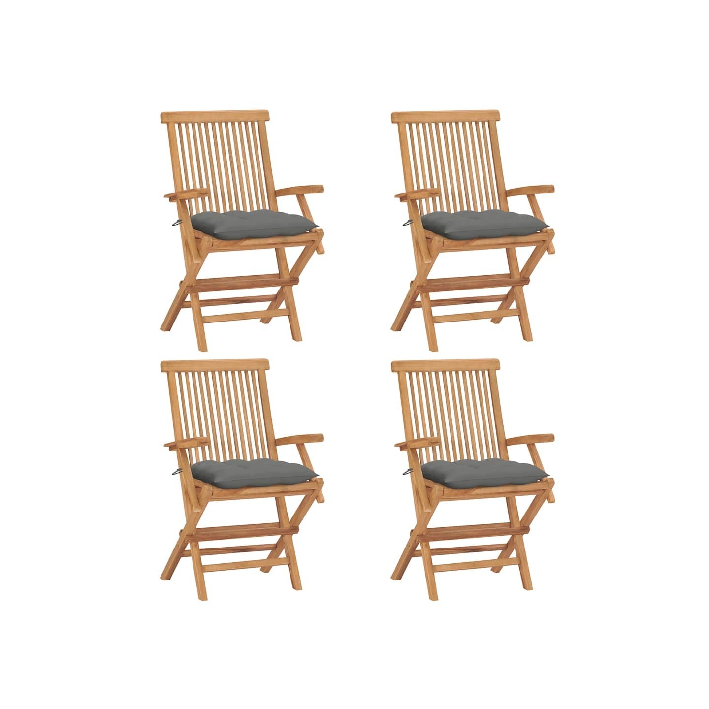 Chaises pliantes avec coussins gris, 4 pièces, en teck massif