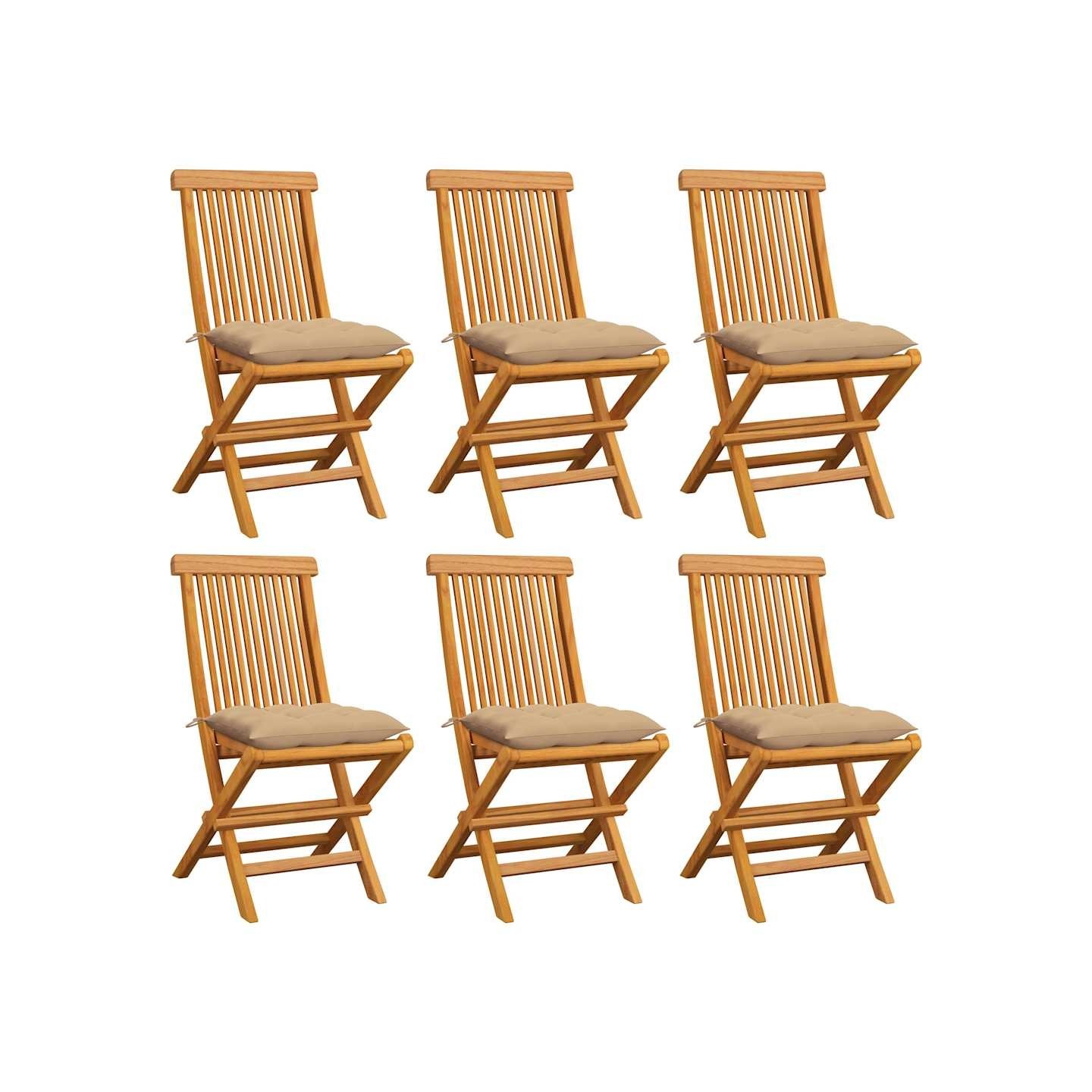 Chaises pliantes avec coussins beiges, 6 pièces, en teck massif