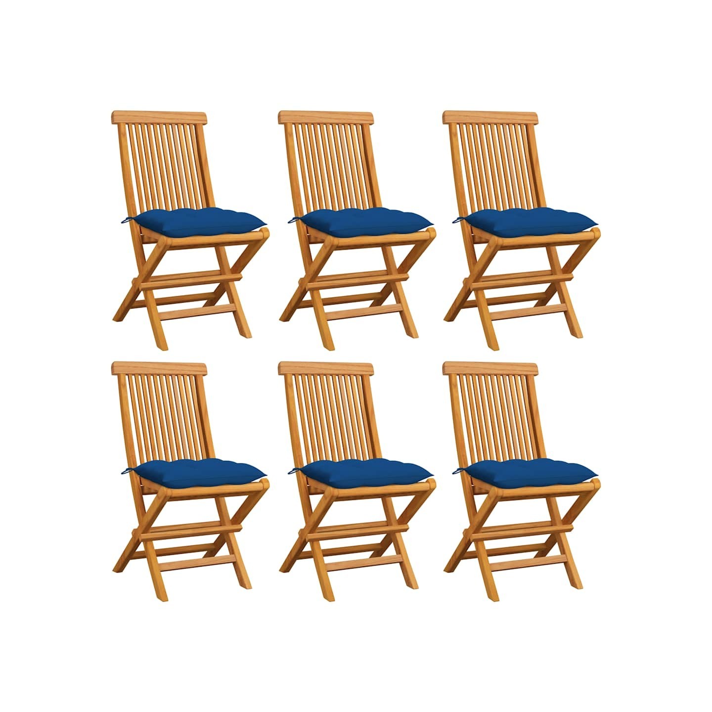 Chaises pliantes avec coussins bleus, 6 pièces, en teck massif