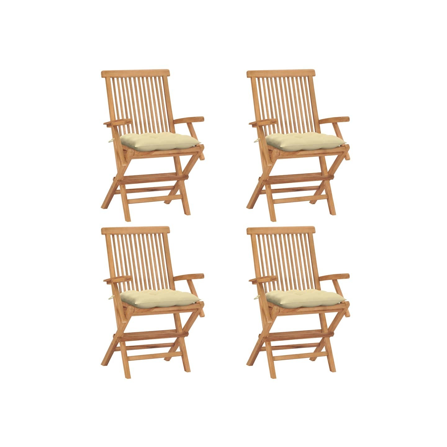 Chaises pliantes avec coussins blanc crème, 4 pièces, en bois de teck massif