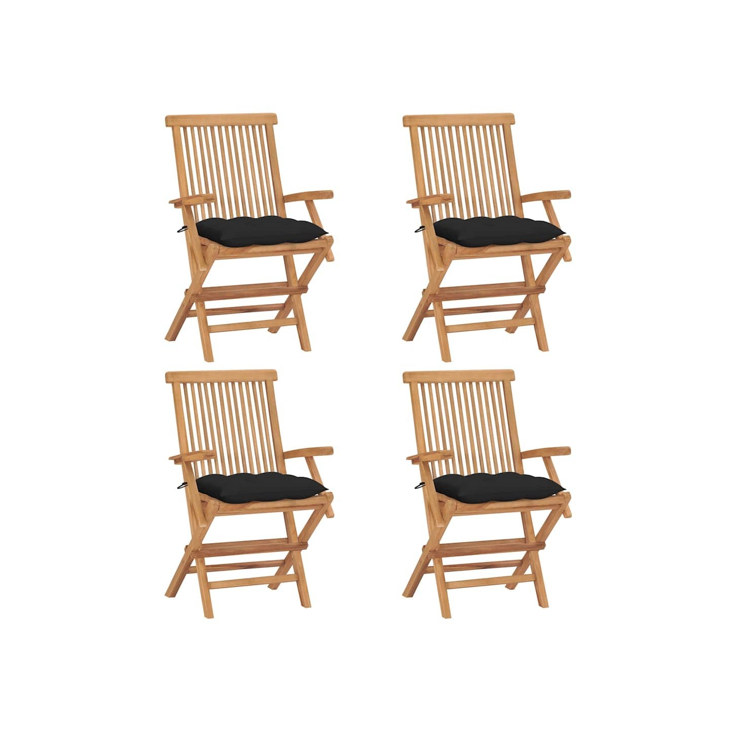 Chaises pliantes avec coussins noirs 4 pcs teck massif