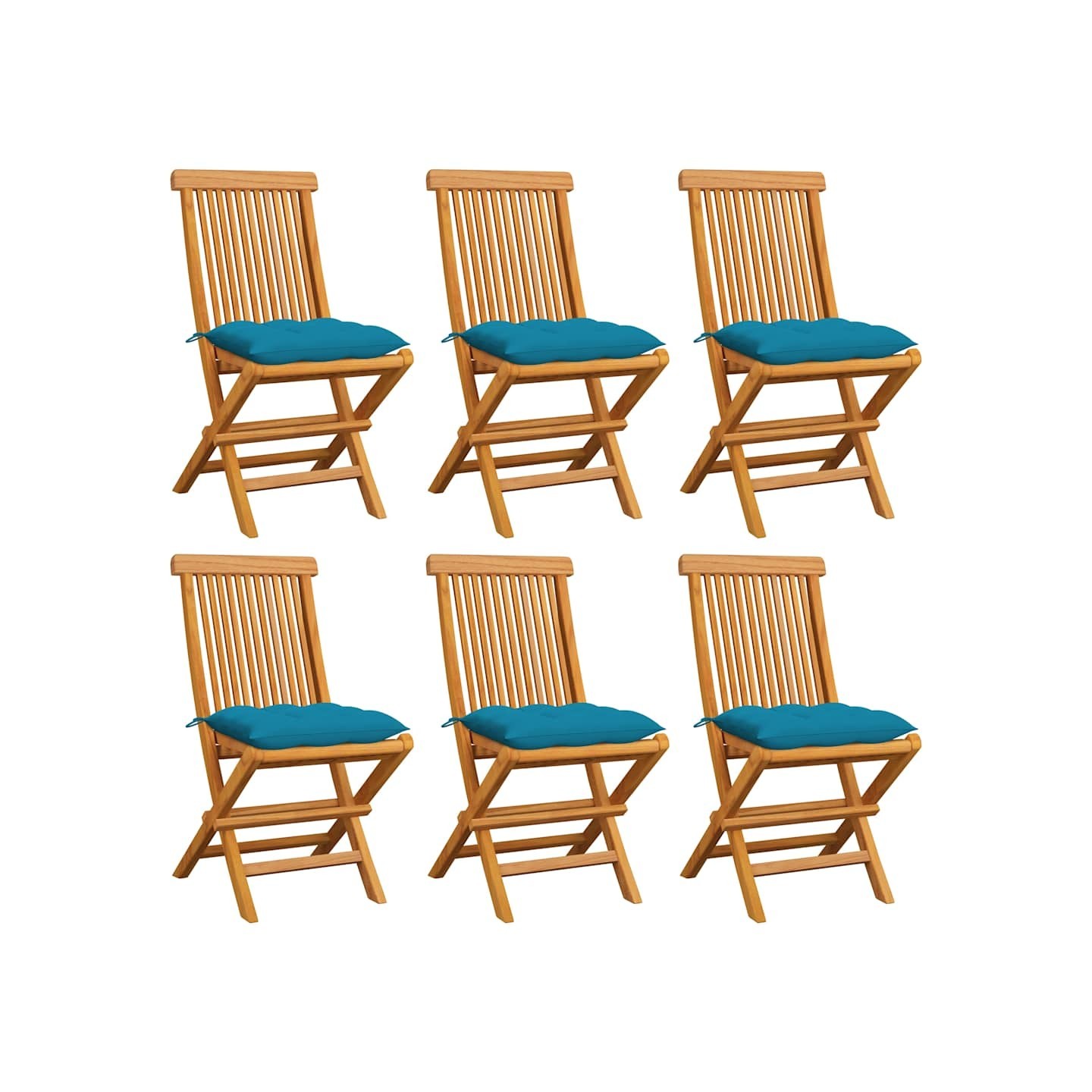 Chaises pliantes avec coussins bleu clair, 6 pièces, en teck massif