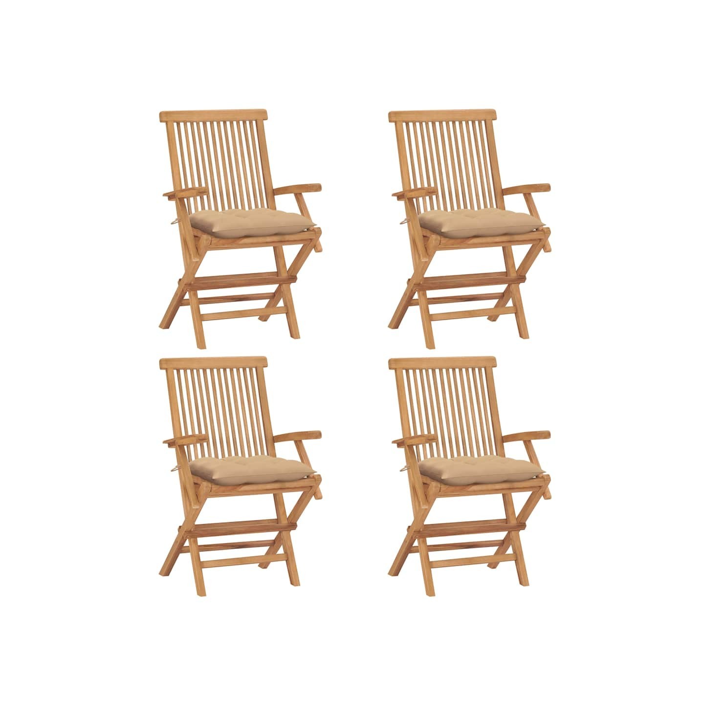 Chaises pliantes avec coussins beiges, 4 pièces, en teck massif