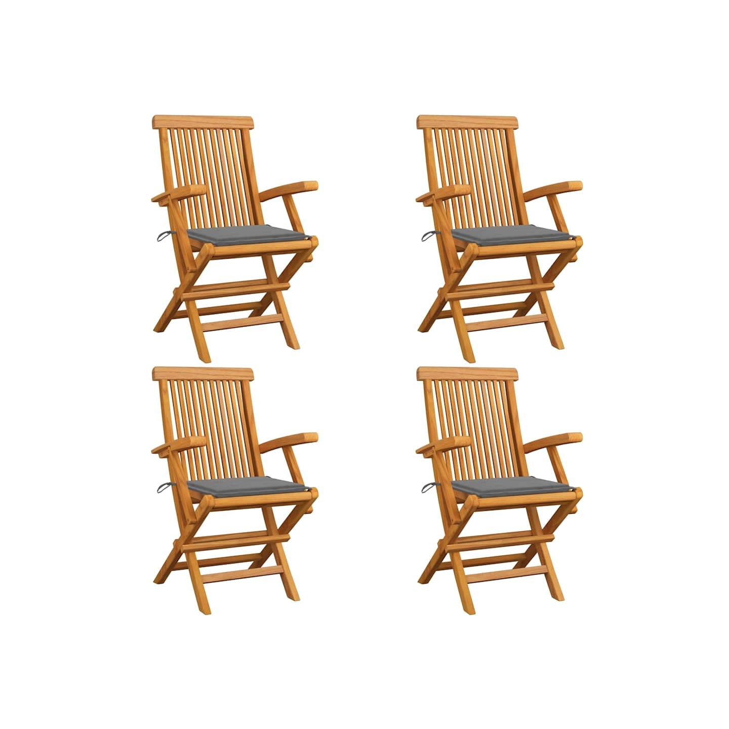 Chaises pliantes avec coussins gris, 4 pièces, en teck massif