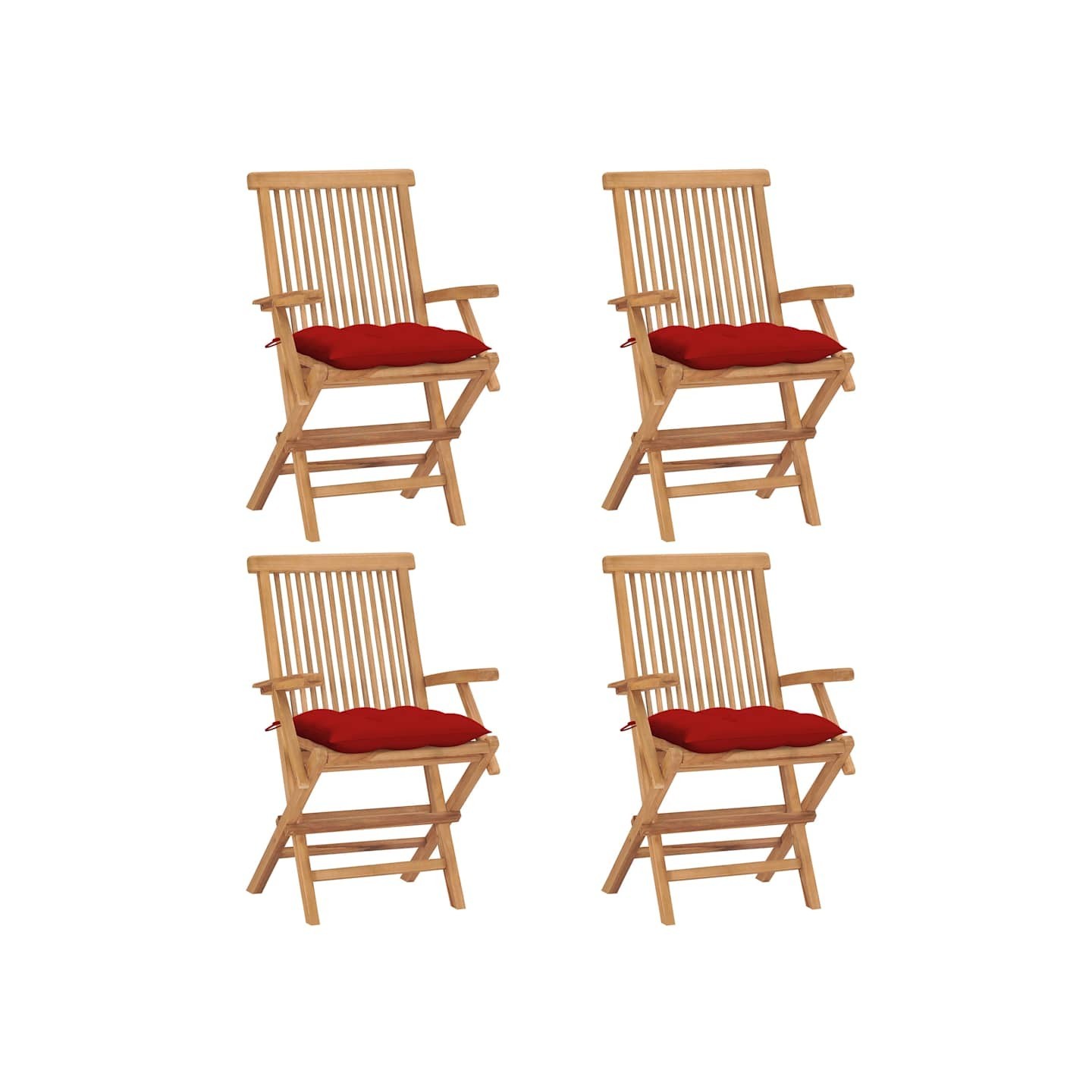 Chaises pliantes avec coussins rouges 4 pcs teck massif
