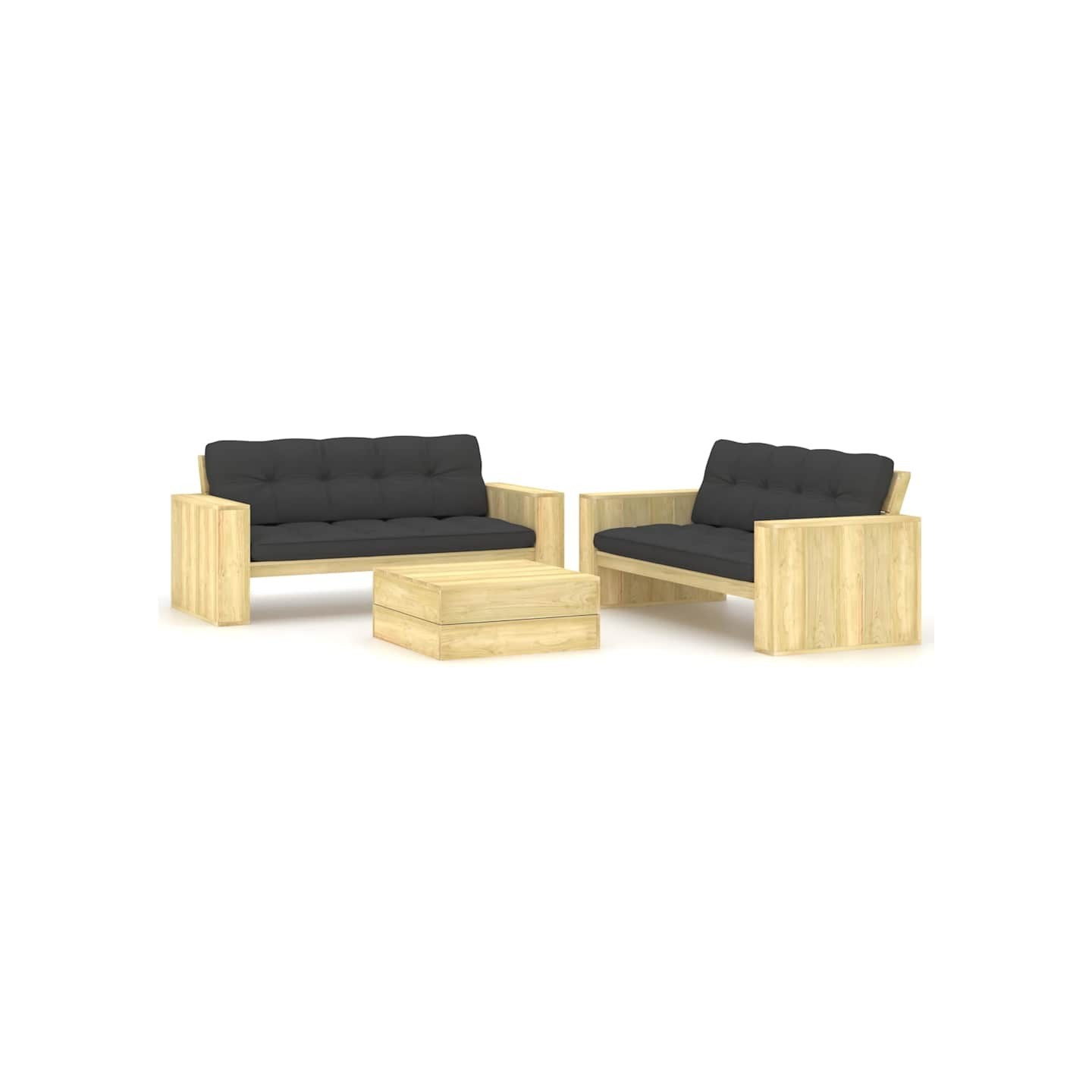 Salon de jardin 3 pcs avec coussins bois de pin imprégné