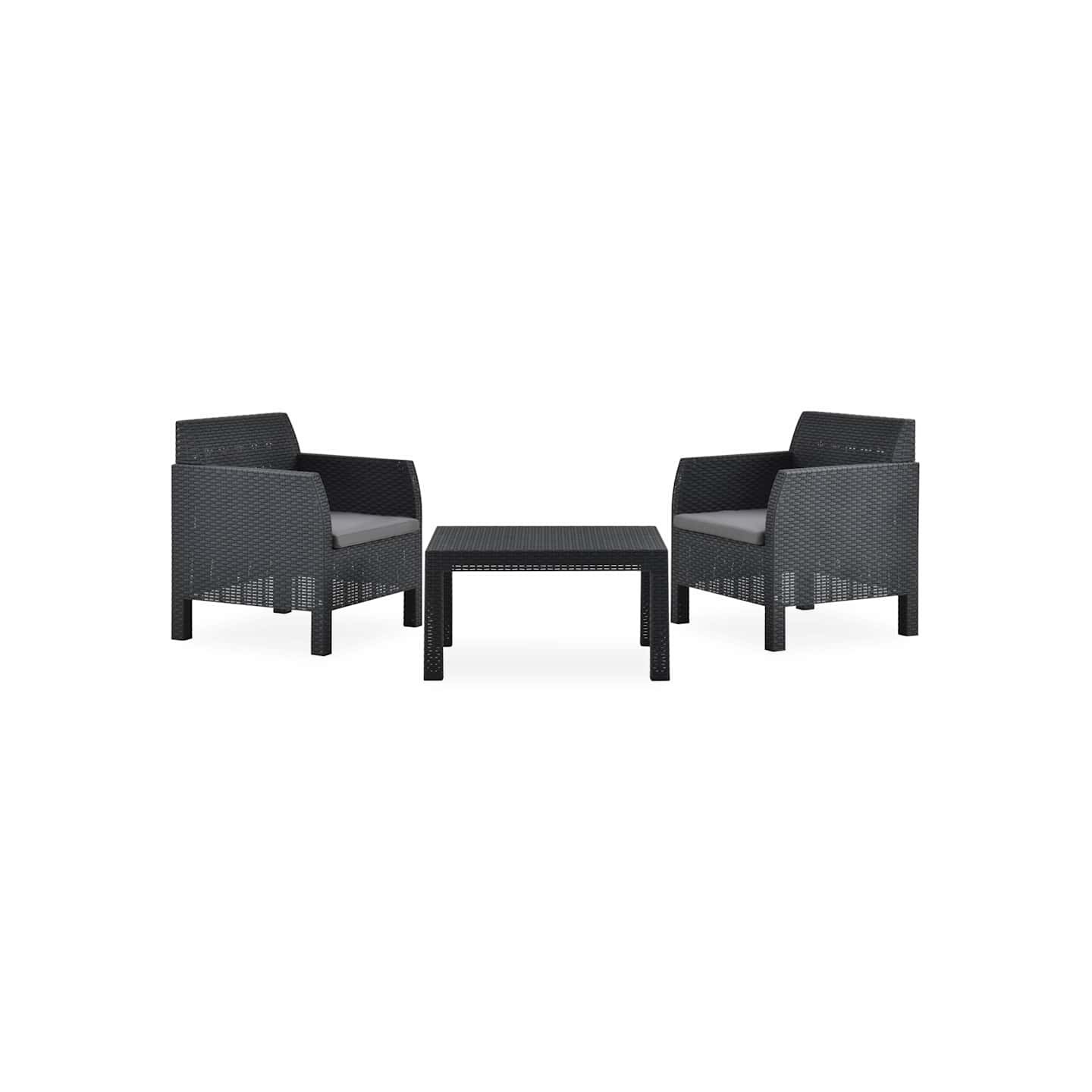 Salon de jardin 3 pcs avec coussins PP Rotin Anthracite