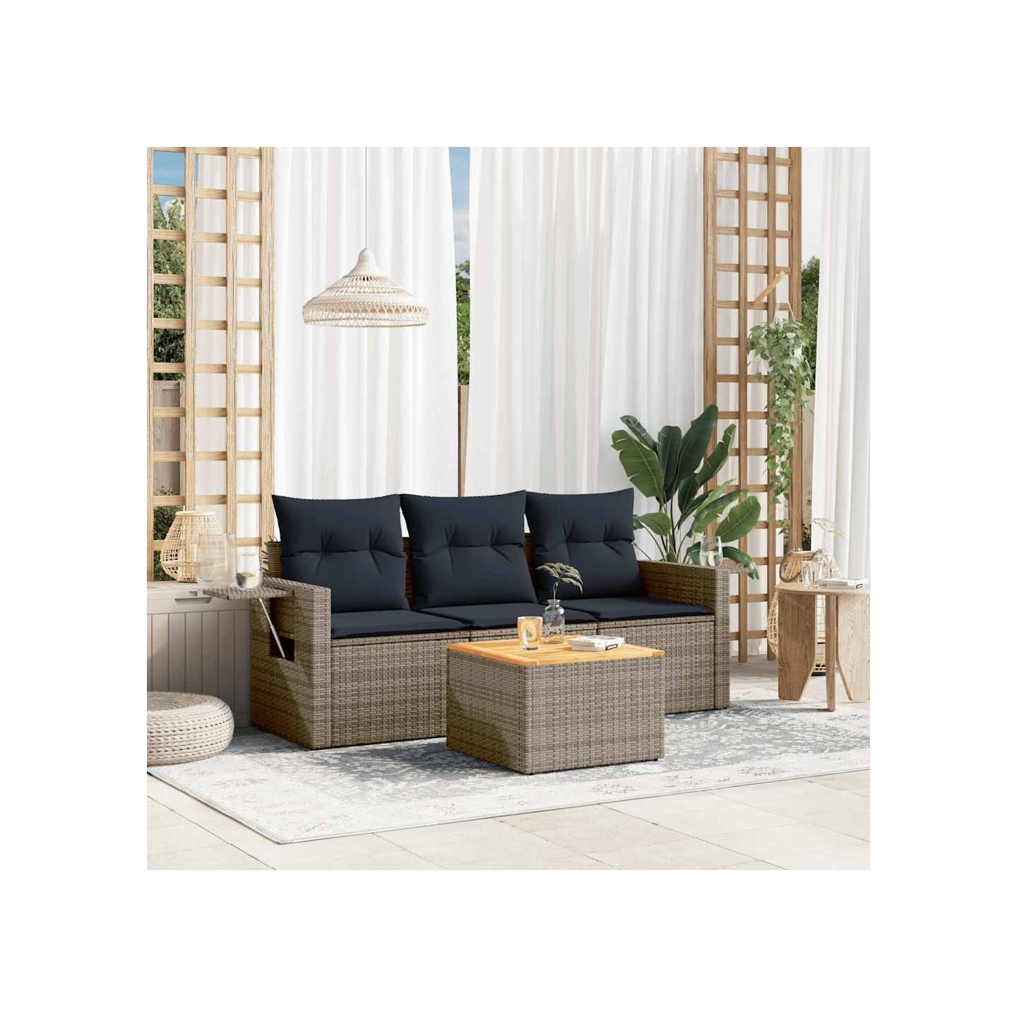 Ensemble de canapé de jardin 4 pcs avec coussins gris résine tressée