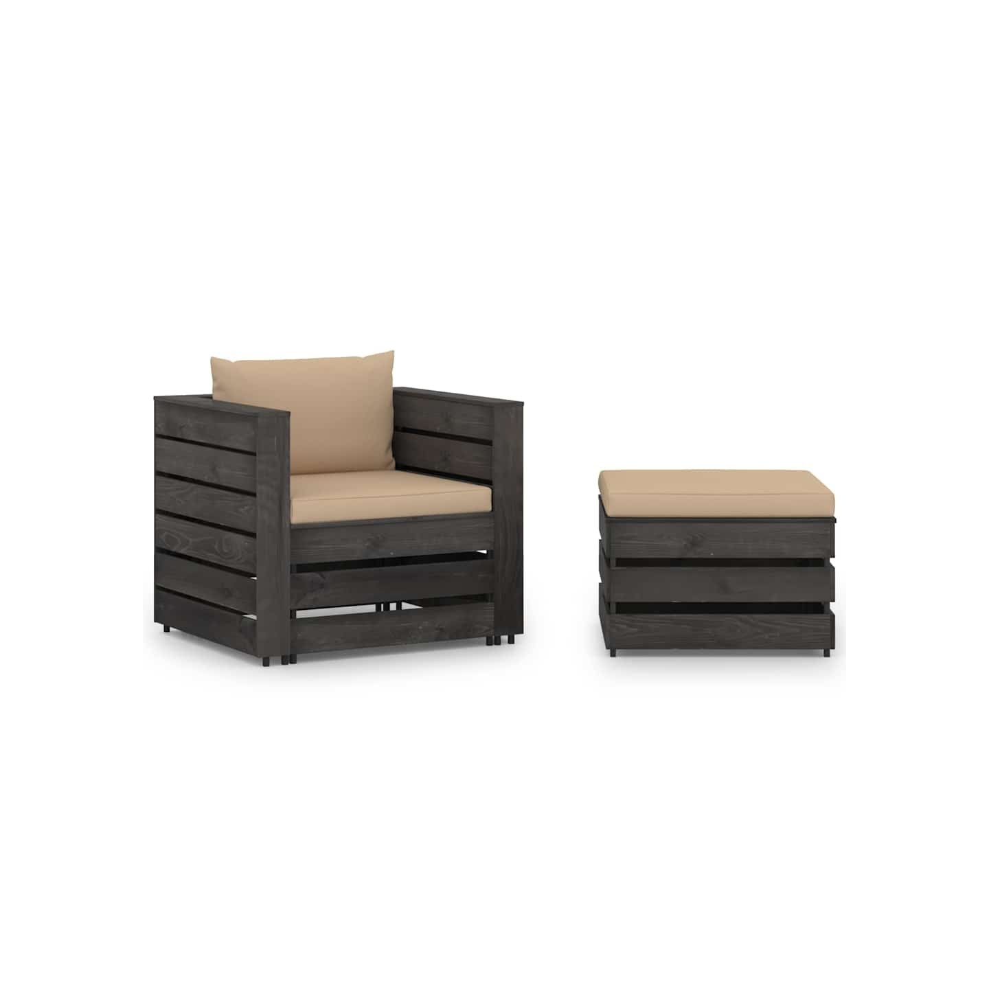 Salon de jardin 2 pcs avec coussins Bois imprégné de gris