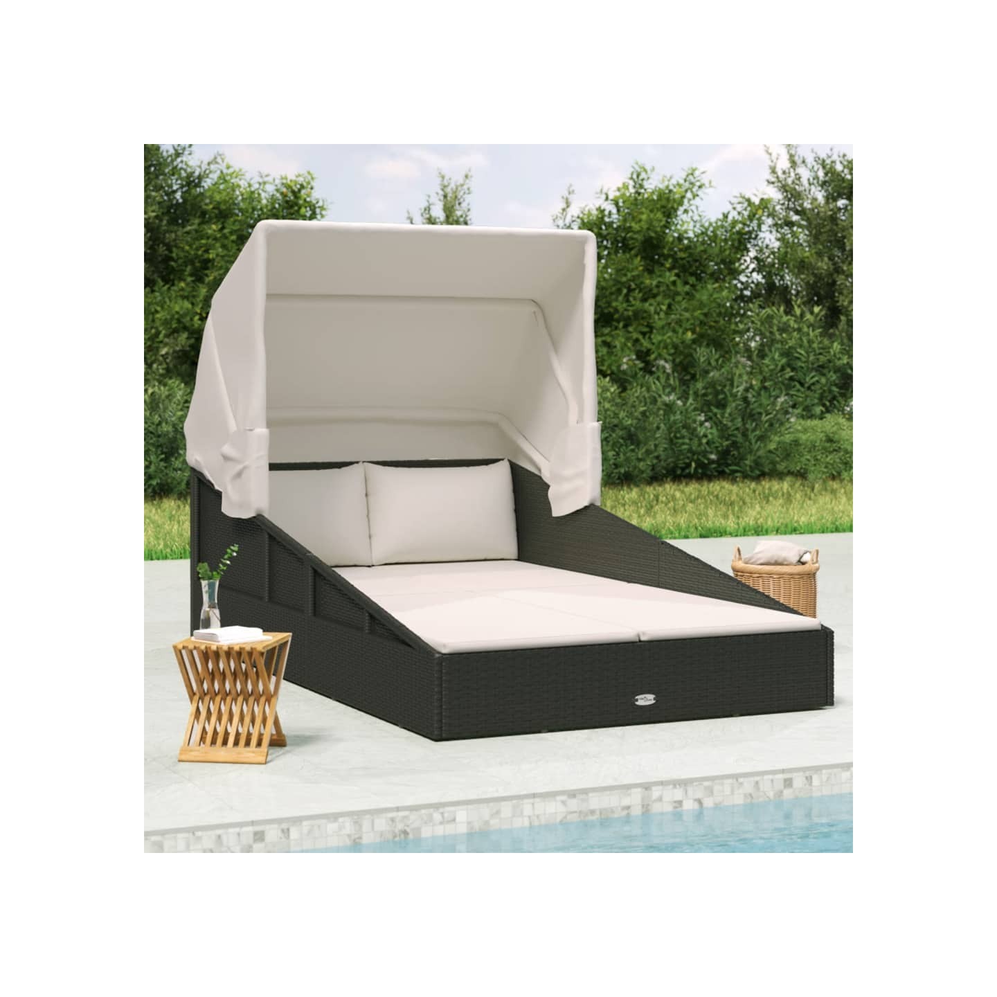 Transat avec toit pliable noir 200x114x128 cm résine tressée
