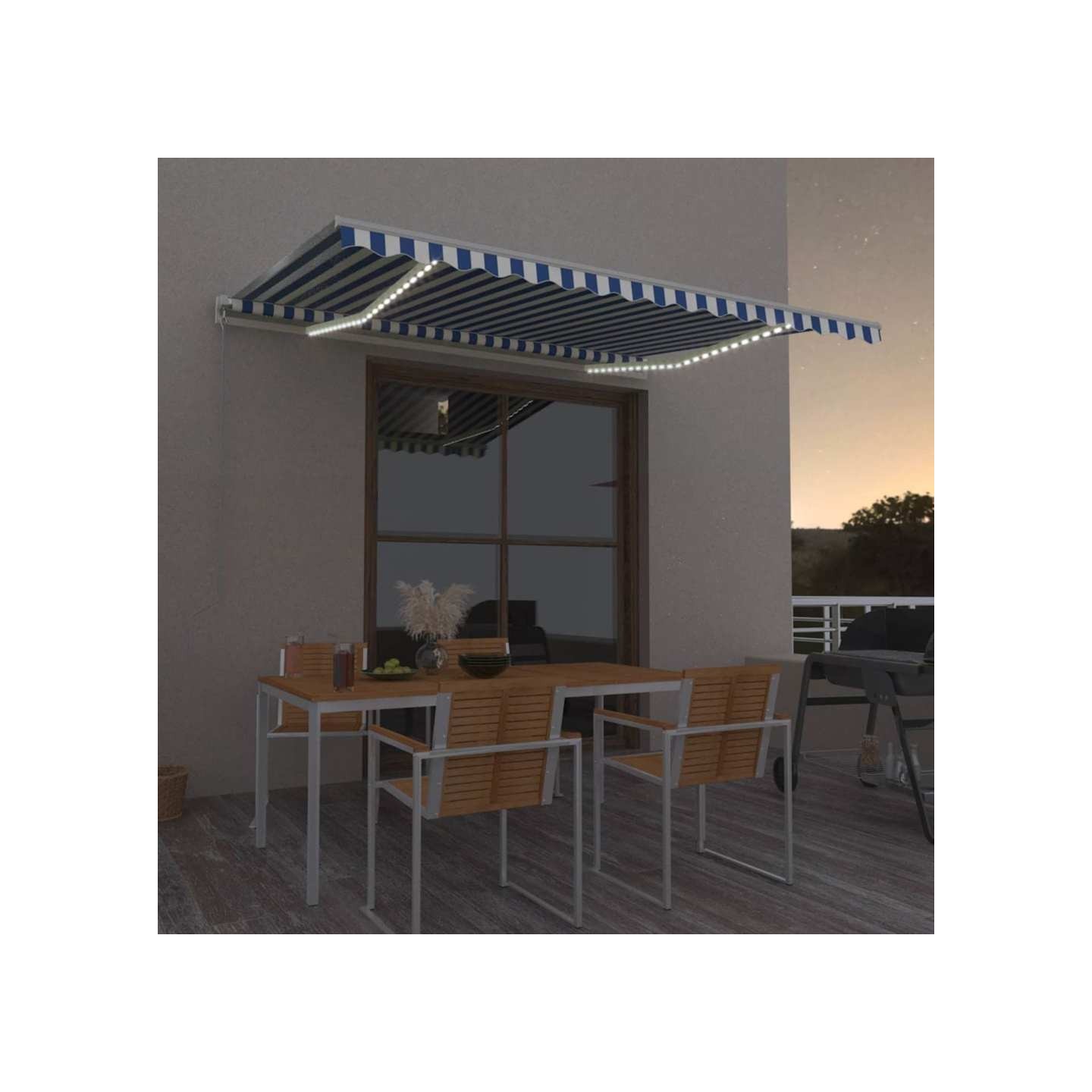 Auvent manuel rétractable avec LED 450x350 cm Bleu et blanc