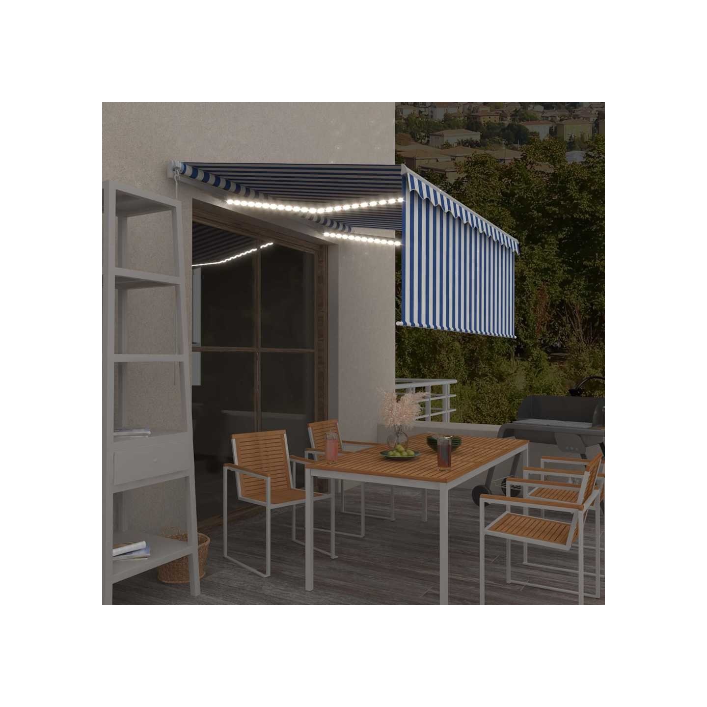 Auvent manuel rétractable et store et LED 3x2,5 m Bleu et blanc
