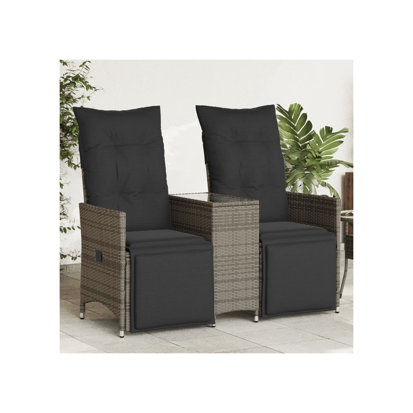 Canapé de jardin inclinable 2 places avec table gris poly rotin