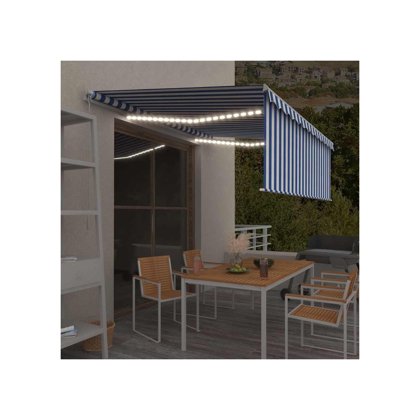 Auvent manuel rétractable avec store et LED 4,5x3 m Bleu blanc