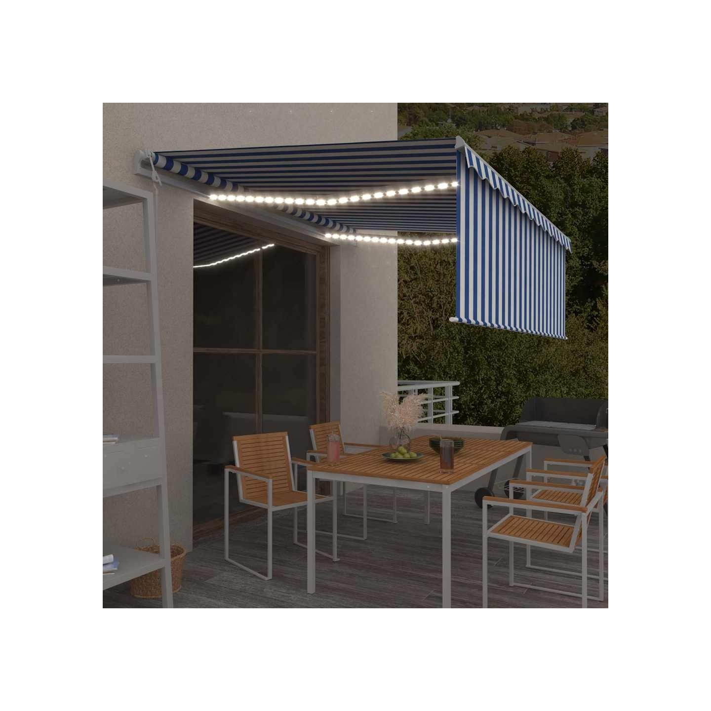 Auvent automatique store capteur de vent LED 4x3m Bleu et blanc