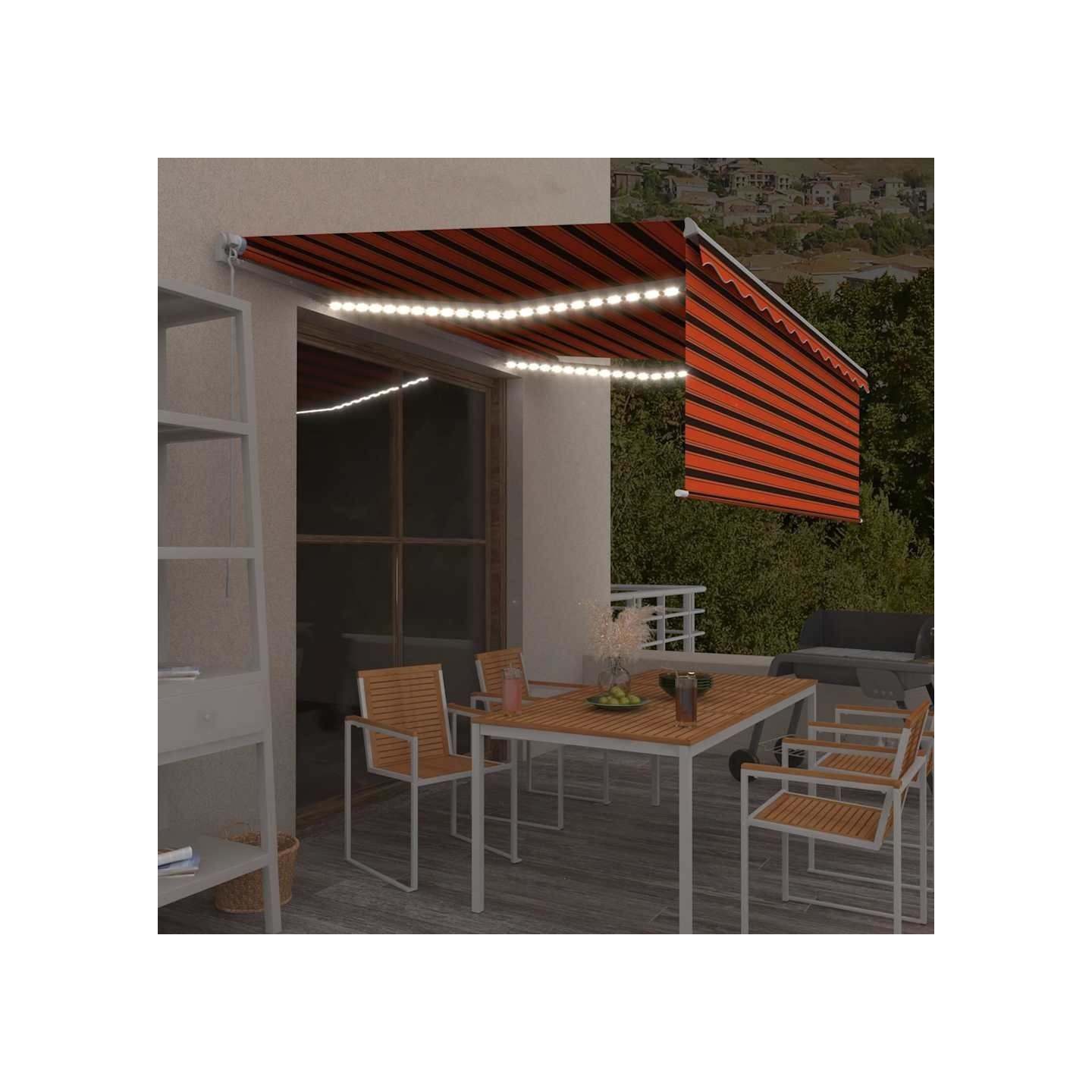 Auvent manuel rétractable et store et LED 4,5x3 m Orange/marron