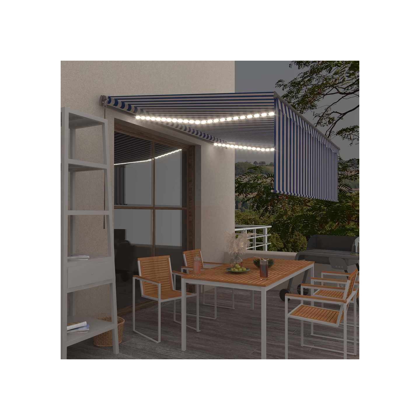 Auvent manuel rétractable avec store et LED 4x3 m Bleu et blanc