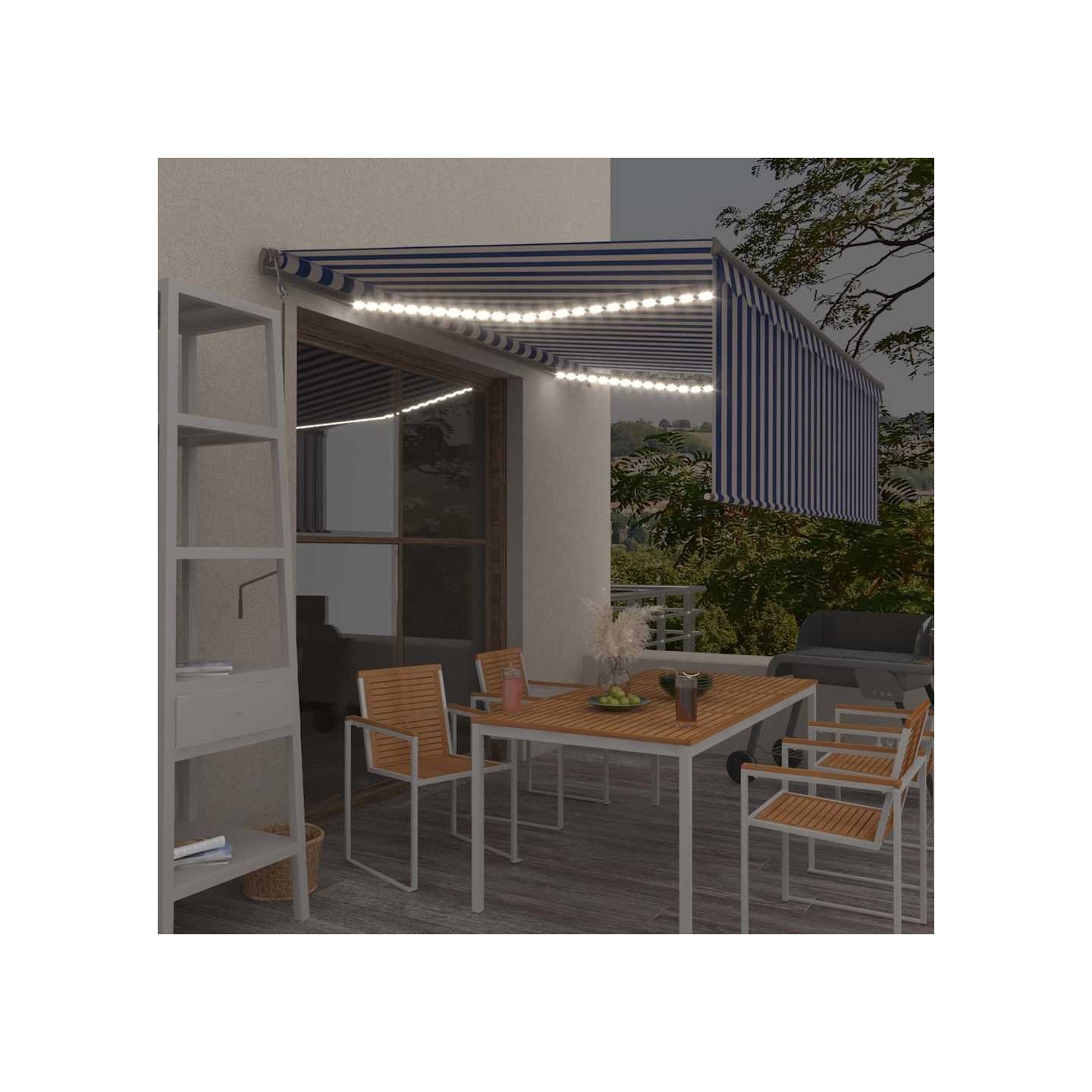 Auvent automatique store capteur de vent LED 4,5x3 m Bleu blanc