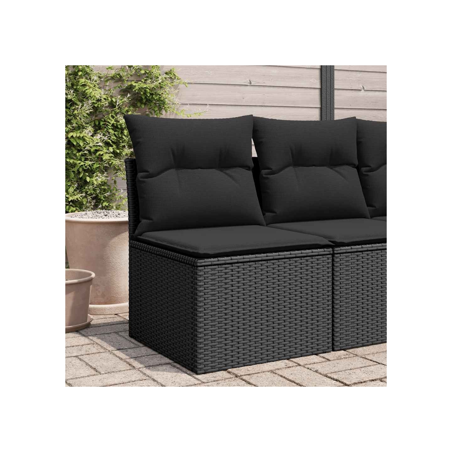 Canapé de jardin sans accoudoirs avec coussins en polyrotin noir