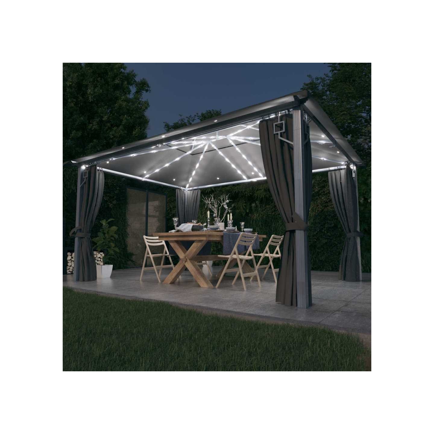 Tonnelle avec rideau et lumières LED 4x3 m Anthracite Aluminium
