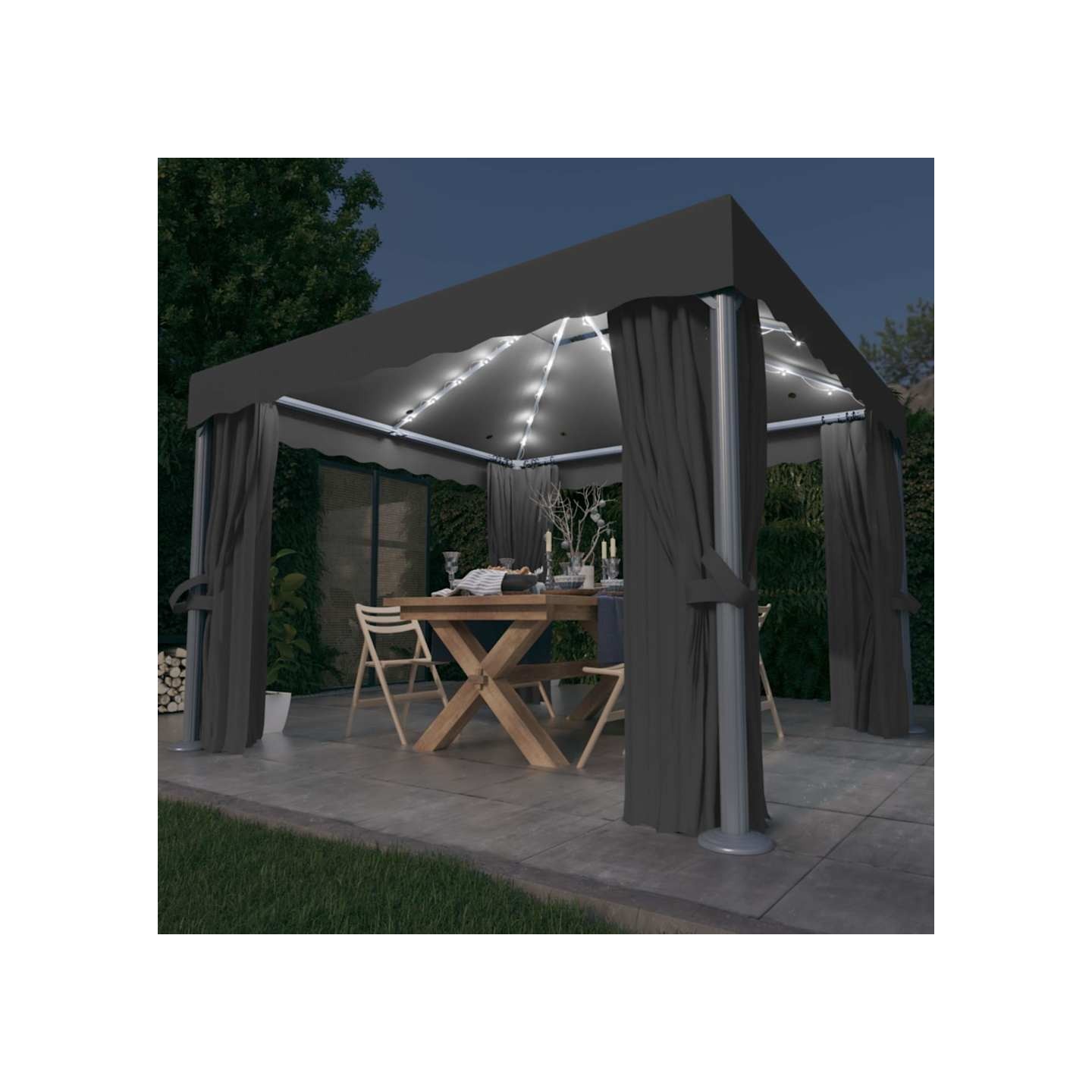 Tonnelle avec rideau et guirlande lumineuse LED 3x3m Anthracite