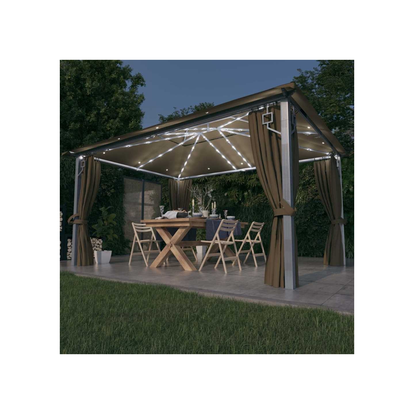 Tonnelle avec rideau et lumières LED 4x3 m Taupe Aluminium