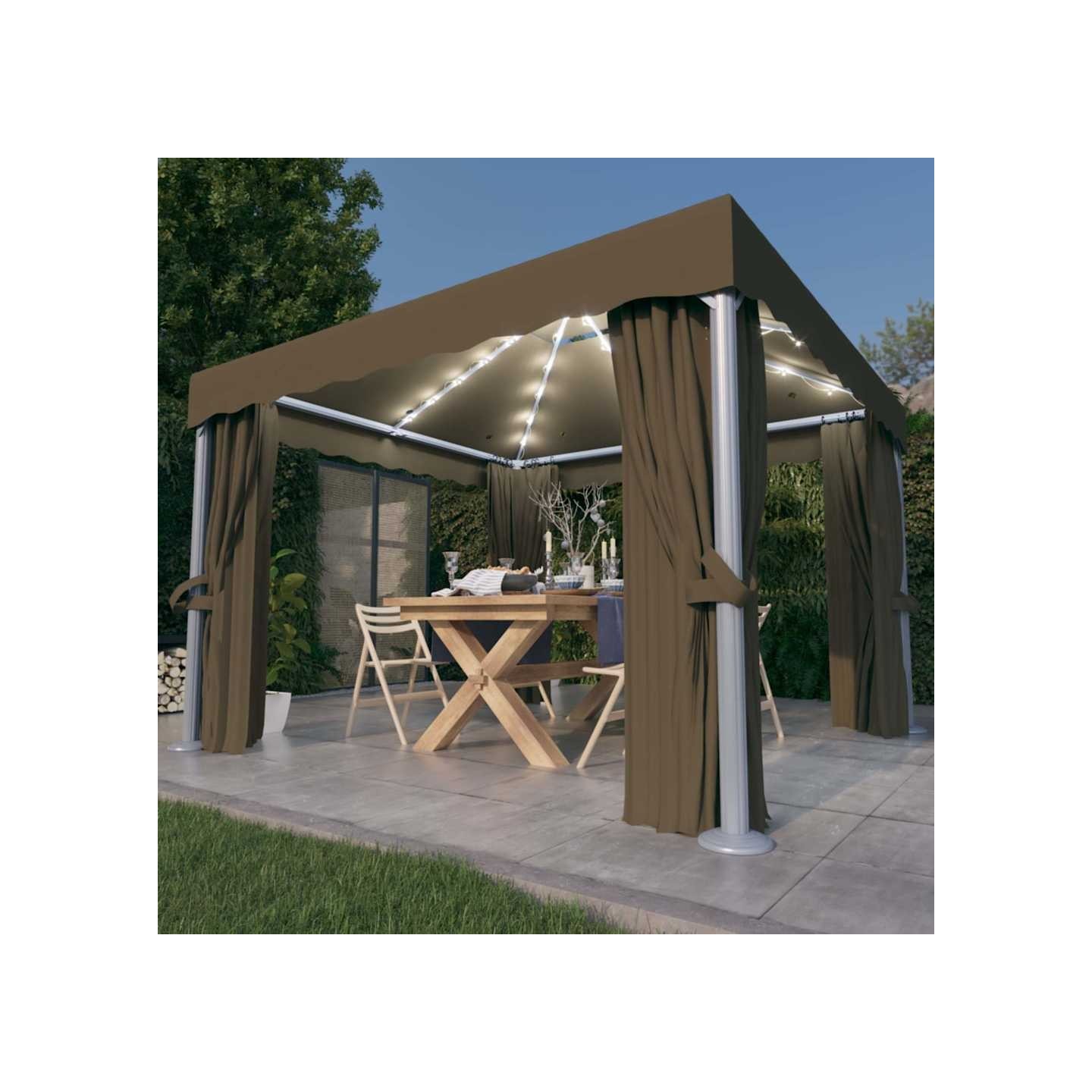 Tonnelle avec rideau et guirlande lumineuse à LED 3x3 m Taupe