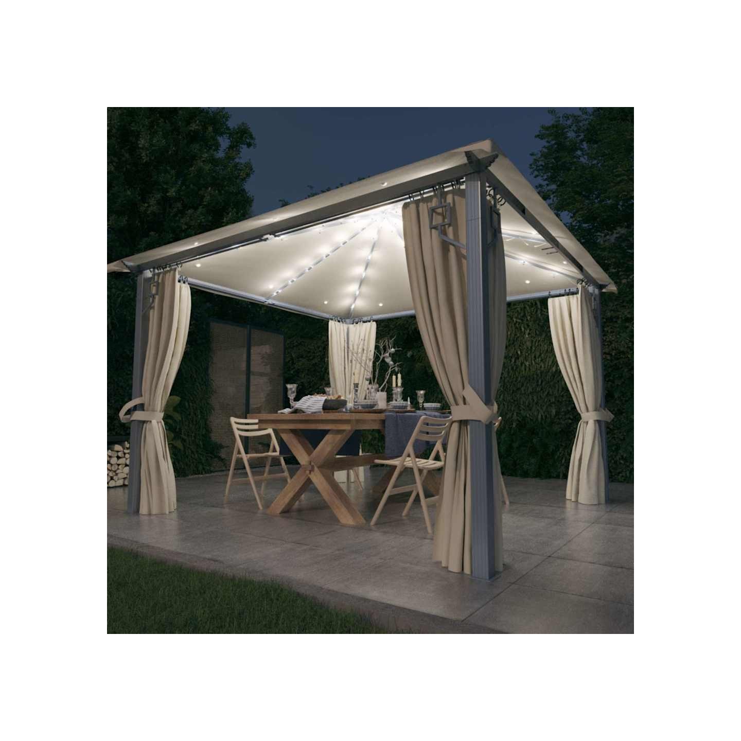 Tonnelle avec rideau et lumières LED 3x3 m Crème Aluminium