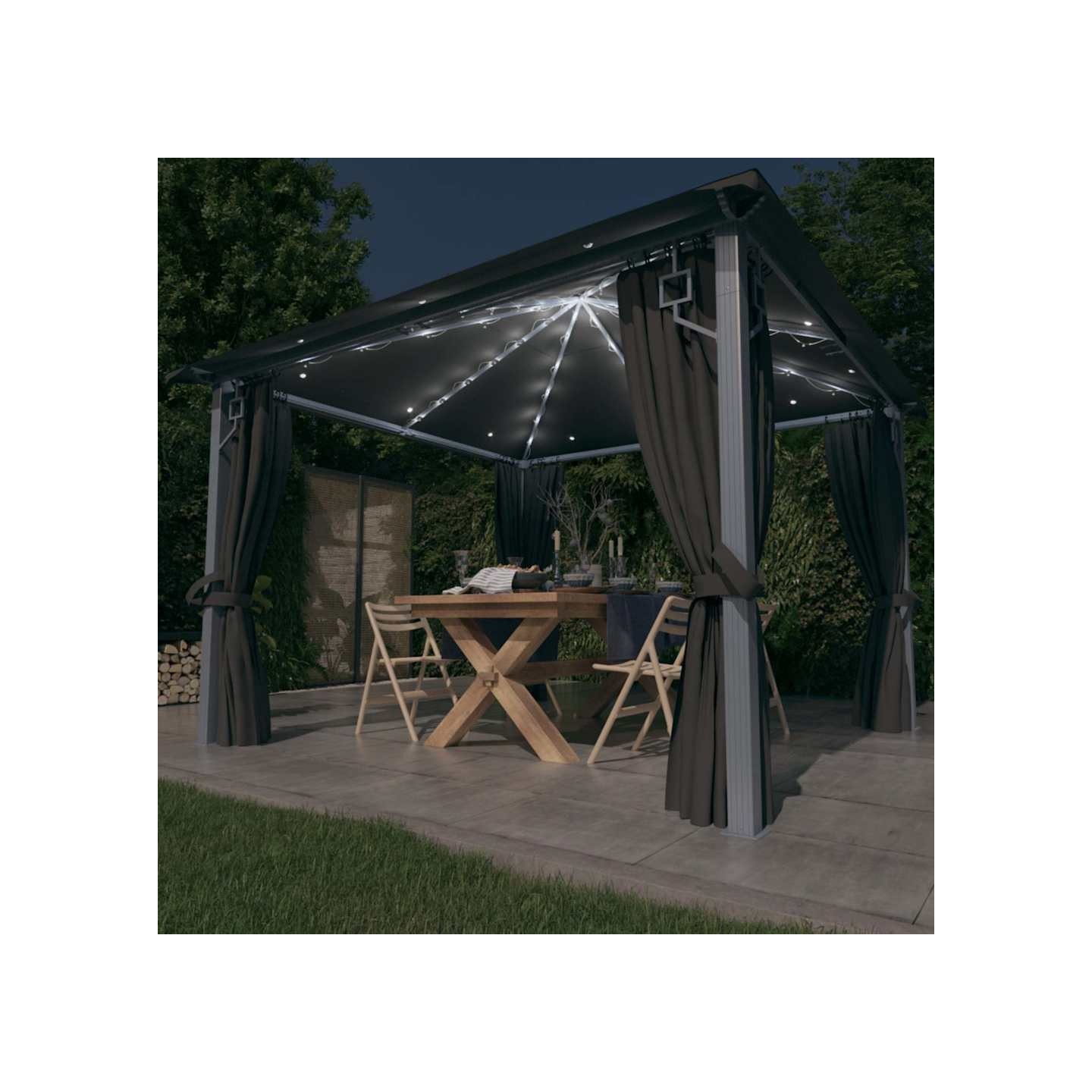 Tonnelle avec rideau et lumières LED 3x3 m Anthracite Aluminium