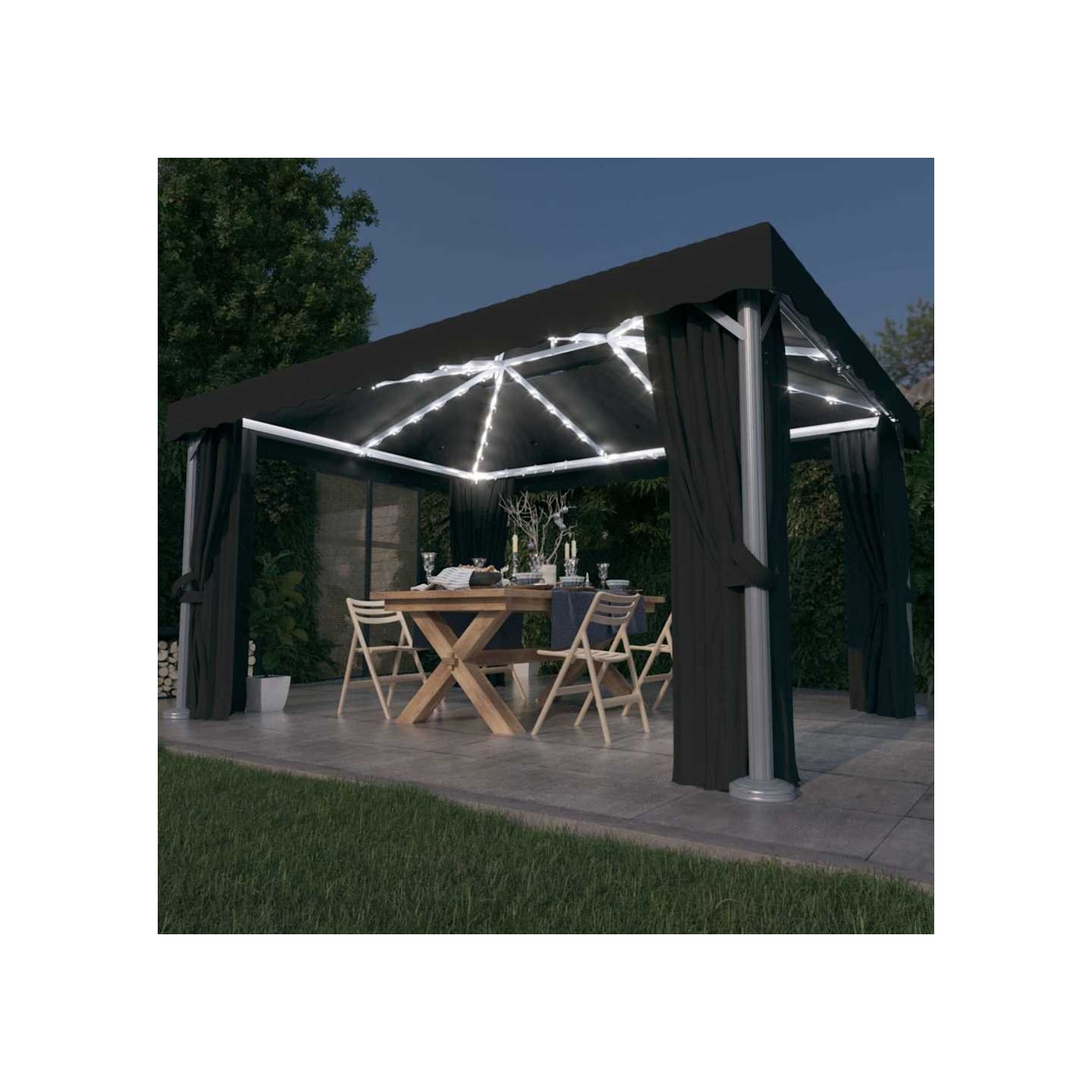 Tonnelle avec rideau et guirlande lumineuse LED 4x3m Anthracite