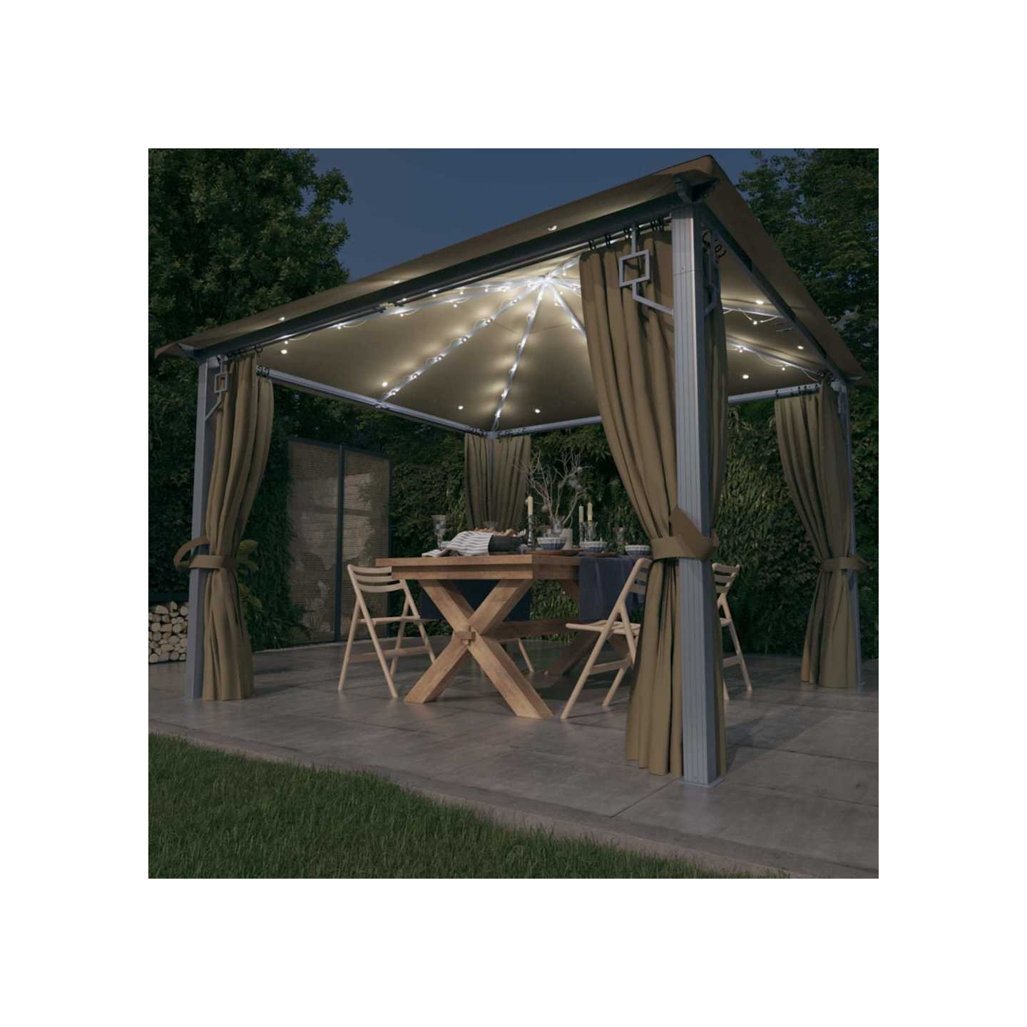 Tonnelle avec rideau et lumières LED 3x3 m Taupe Aluminium