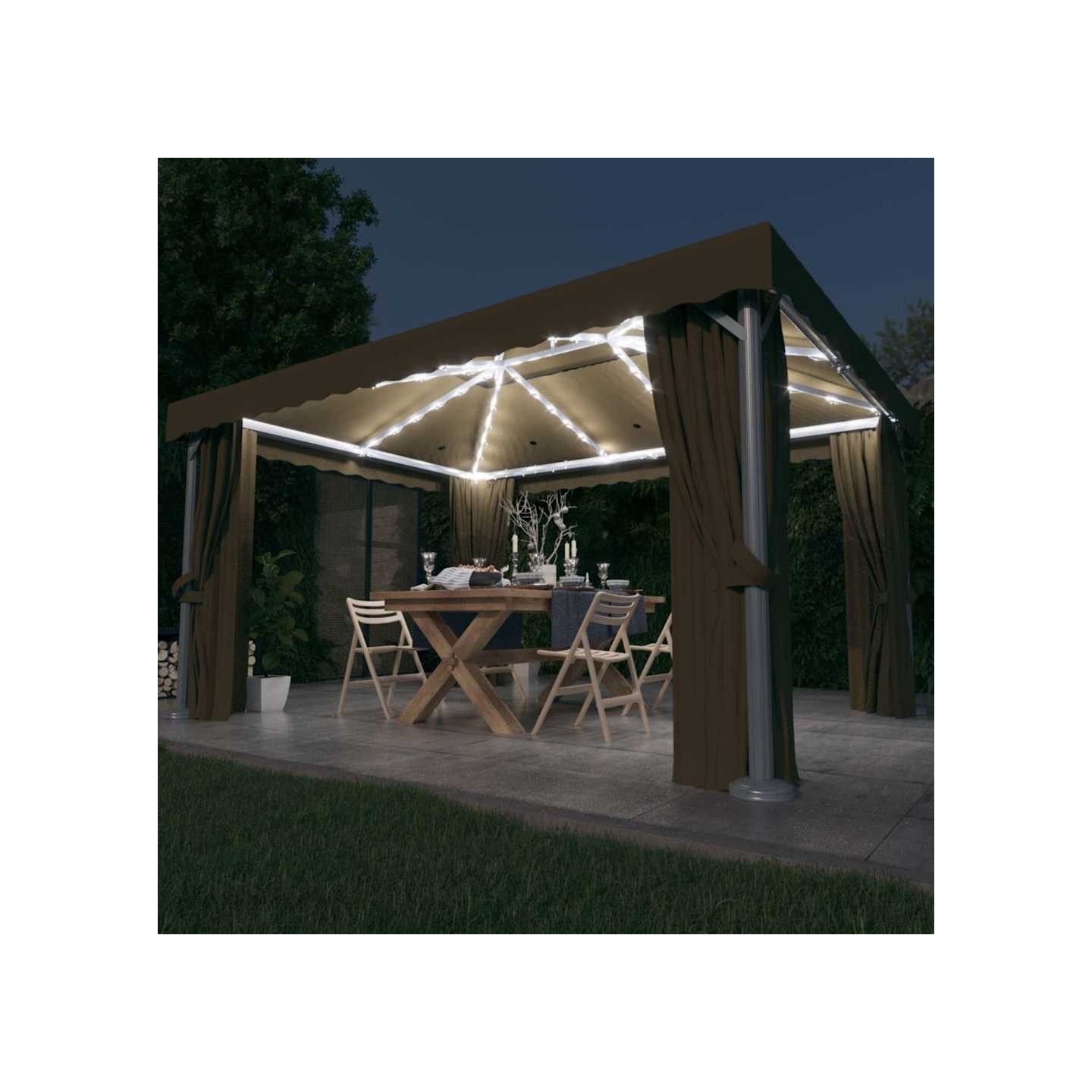 Tonnelle avec rideau et guirlande lumineuse à LED 4x3 m Taupe