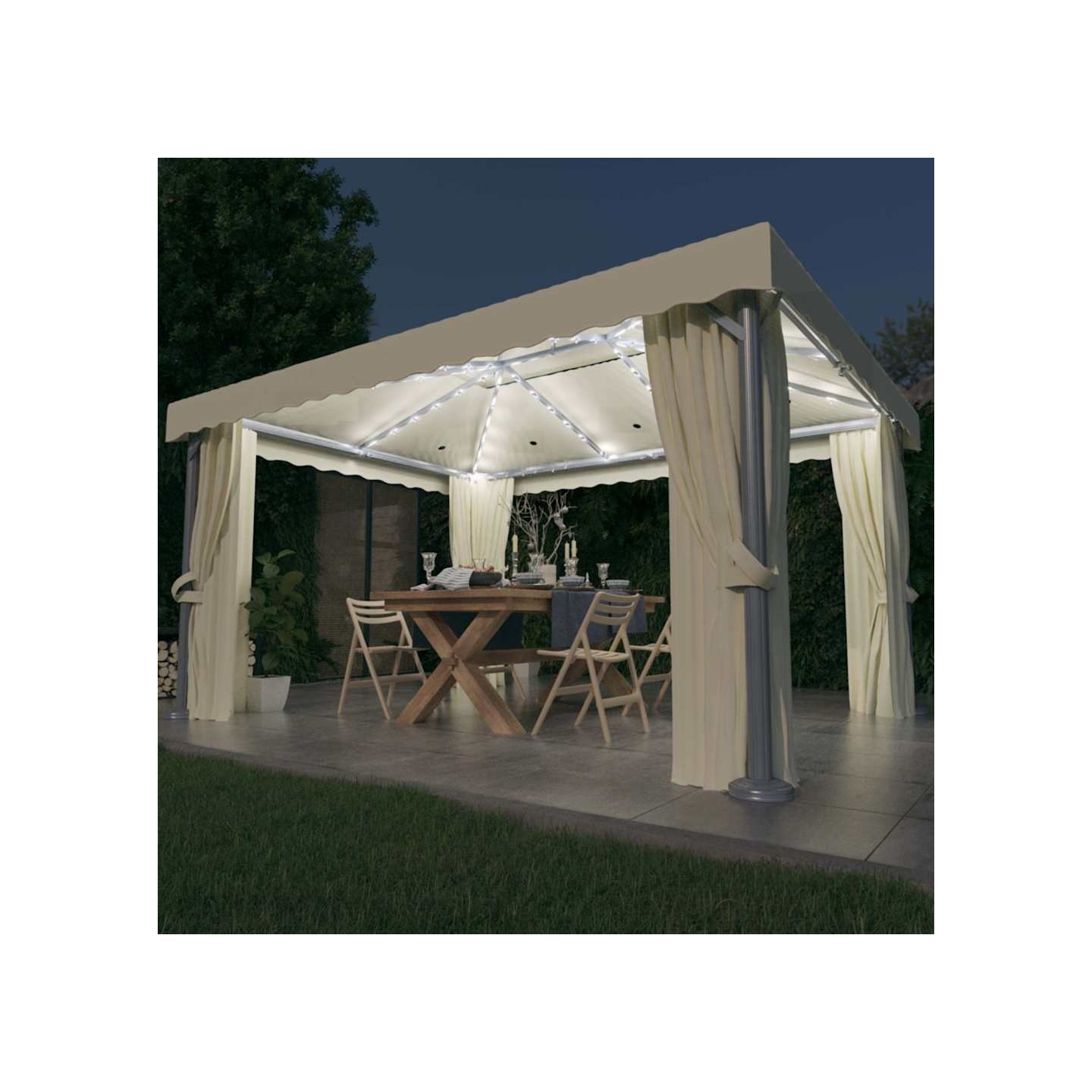 Tonnelle et rideau et guirlande lumineuse LED 4x3 m Blanc crème