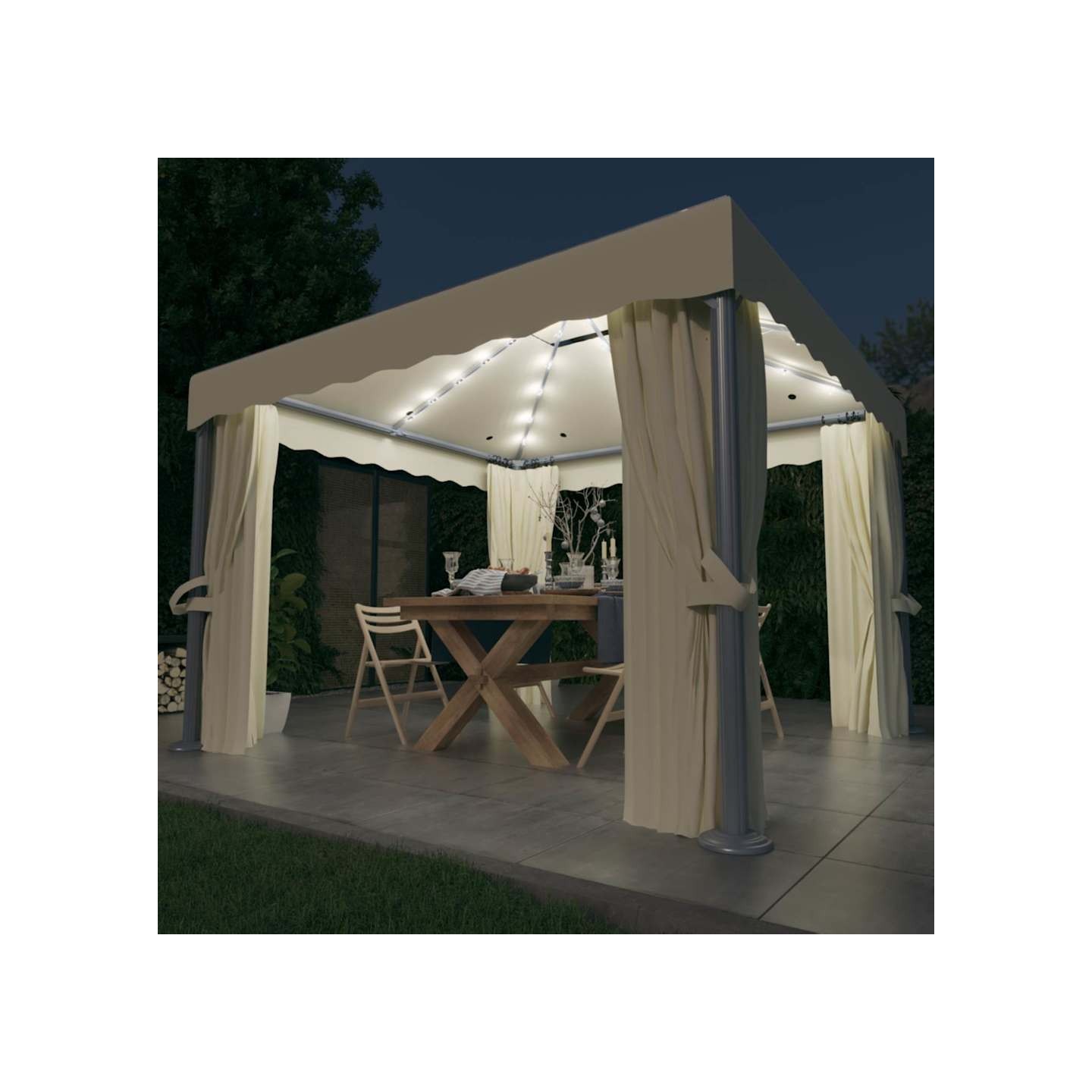 Tonnelle et rideau et guirlande lumineuse LED 3x3 m Blanc crème