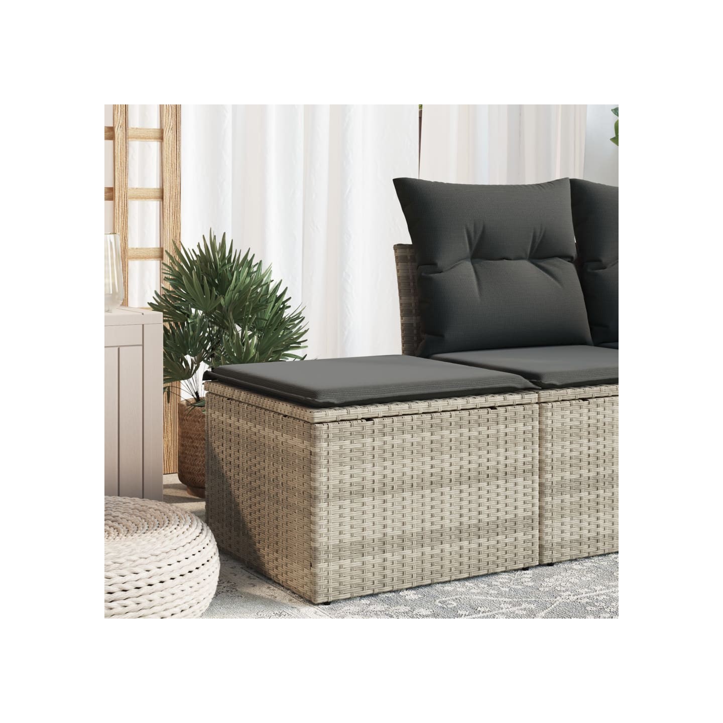 Tabouret de jardin coussin gris clair 55x55x37cm résine tressée