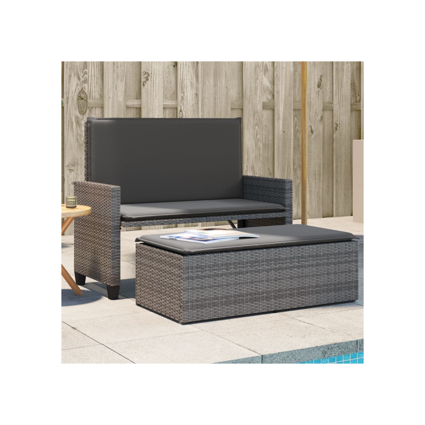 Banc de jardin avec coussins et repose-pied gris résine tressée