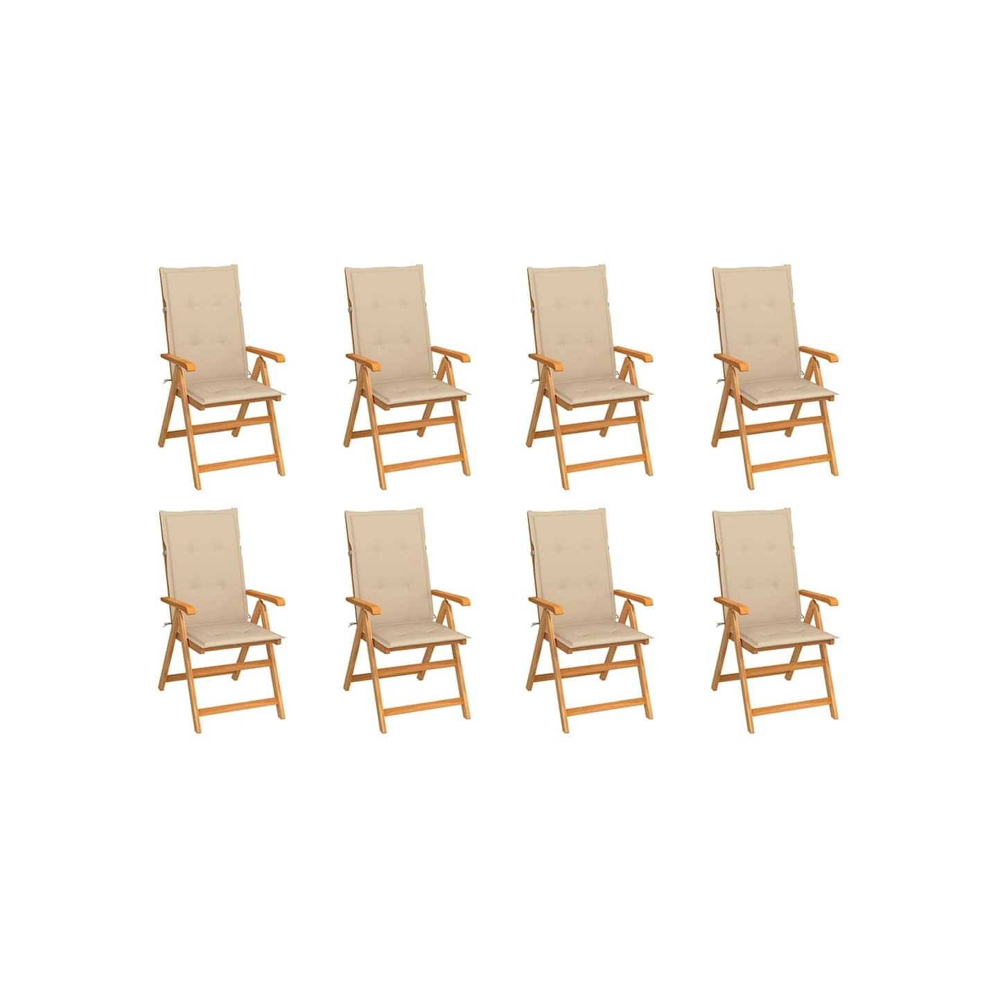 Fauteuils pliants inclinables avec coussins 8 pcs teck massif