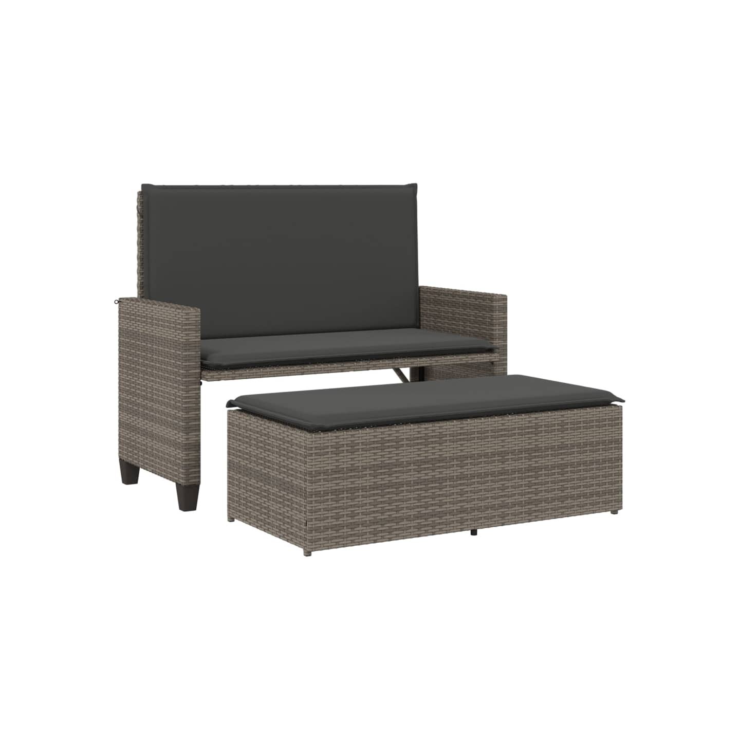 Banc de jardin avec coussins et repose-pied gris résine tressée