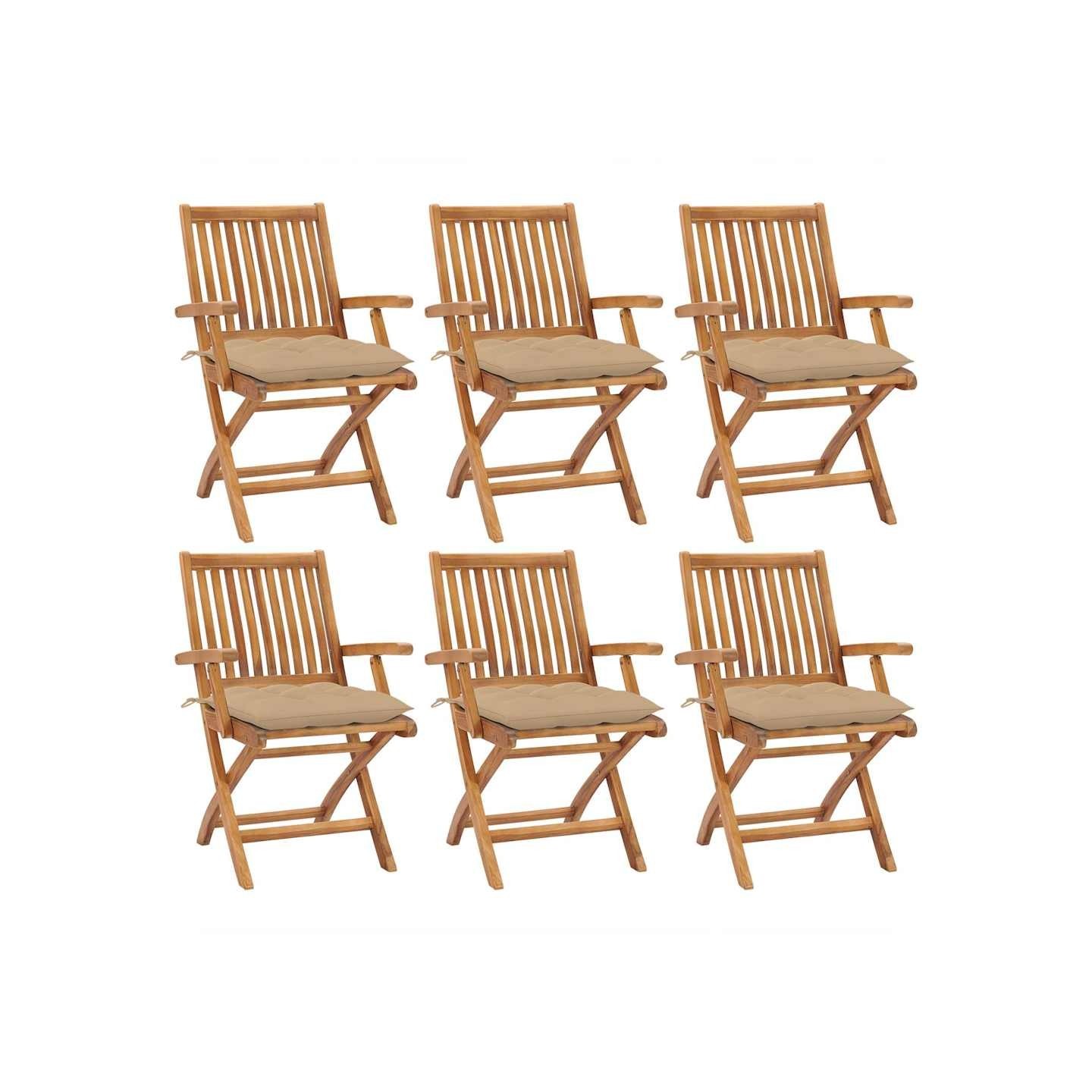 Chaises pliantes avec coussins, 6 pièces, en teck massif