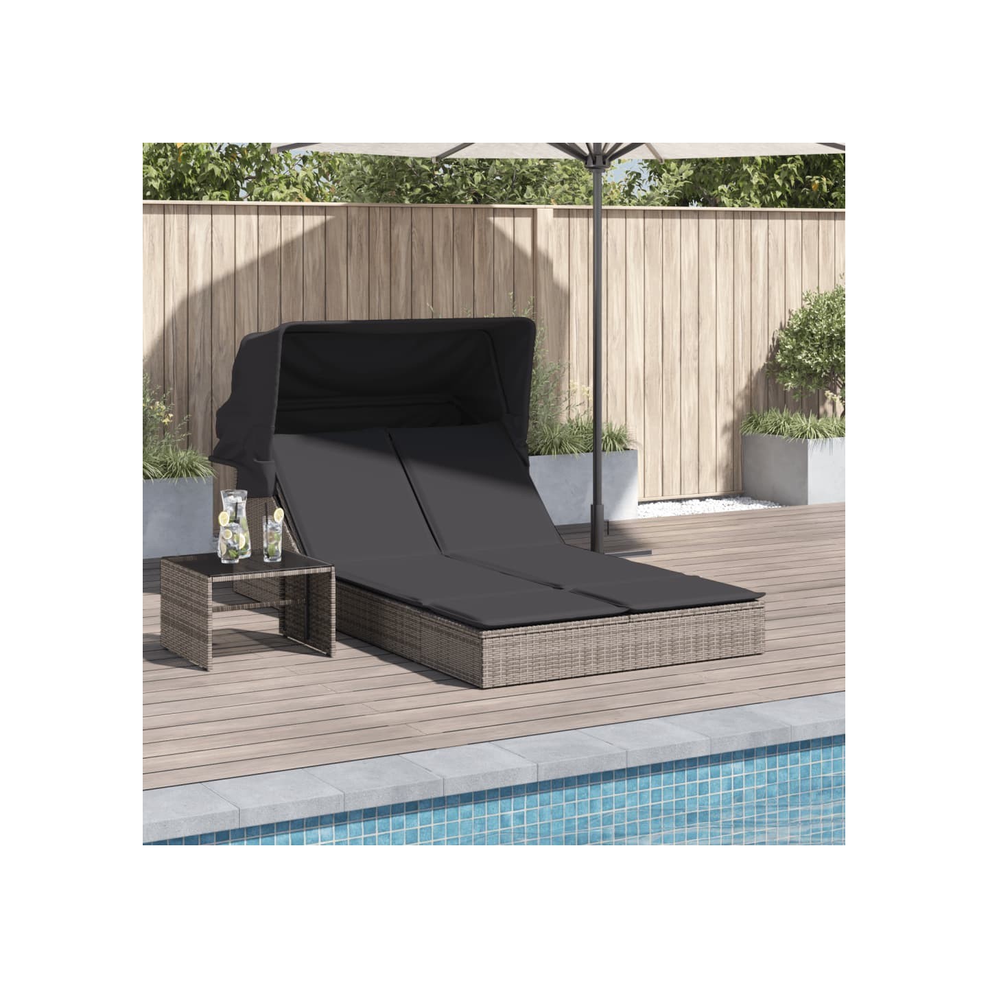 Chaise longue double et auvent et coussins gris résine tressée
