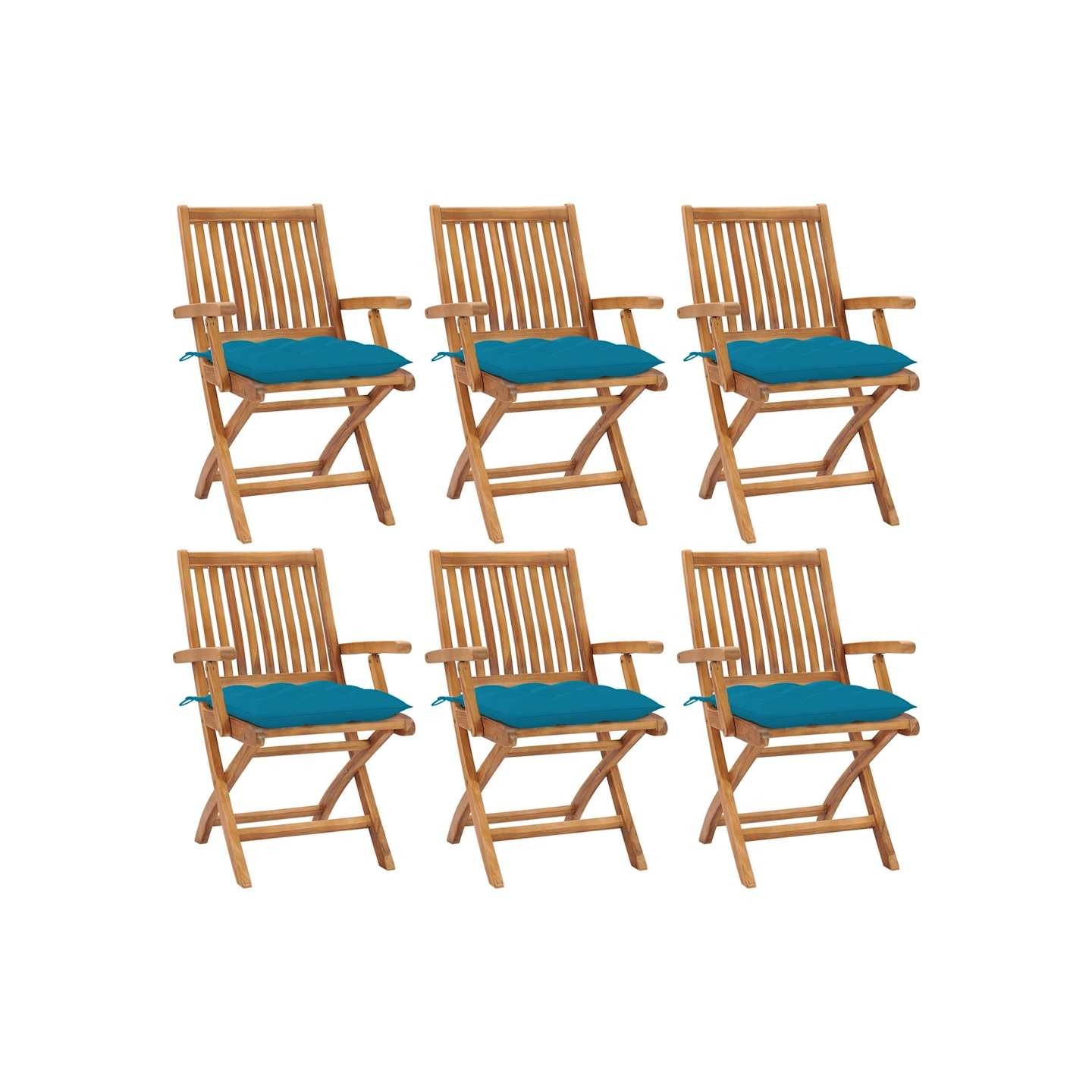 Chaises pliantes avec coussins, 6 pièces, en teck massif