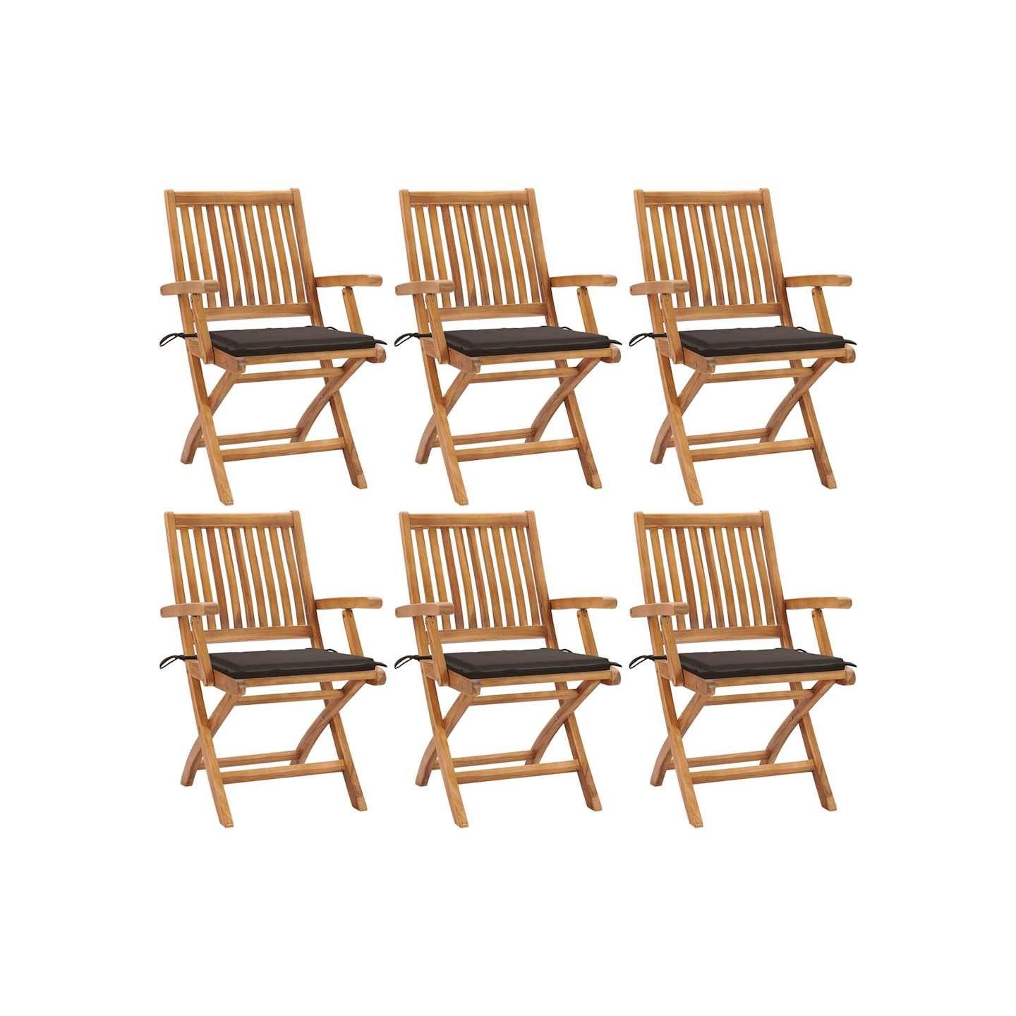 Chaises pliantes avec coussins, 6 pièces, en teck massif
