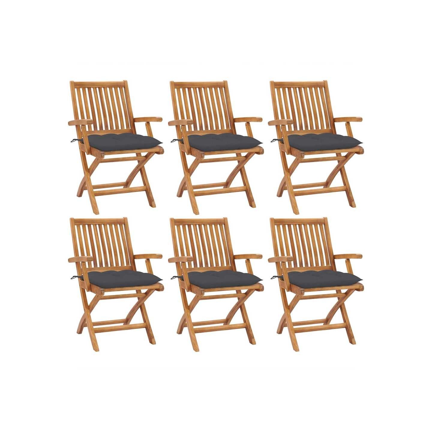 Chaises pliantes avec coussins, 6 pièces, en teck massif