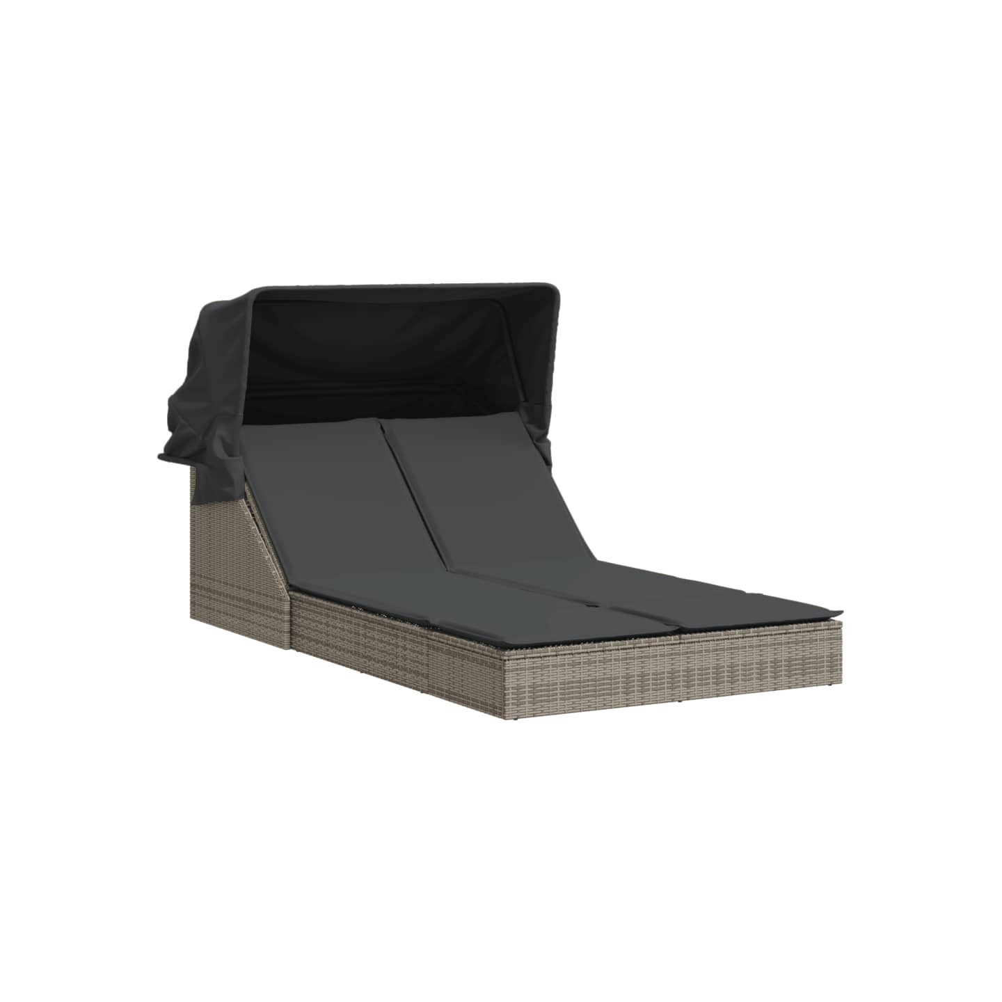 Chaise longue double et auvent et coussins gris résine tressée